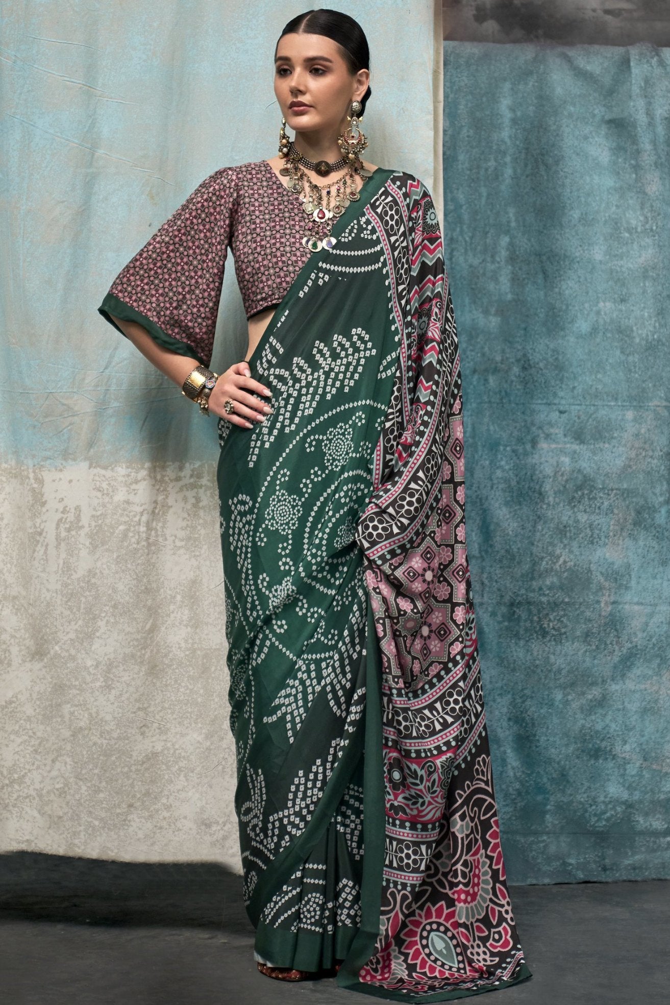 Buy MySilkLove Timber Green Printed Satin Crepe Sarees Online