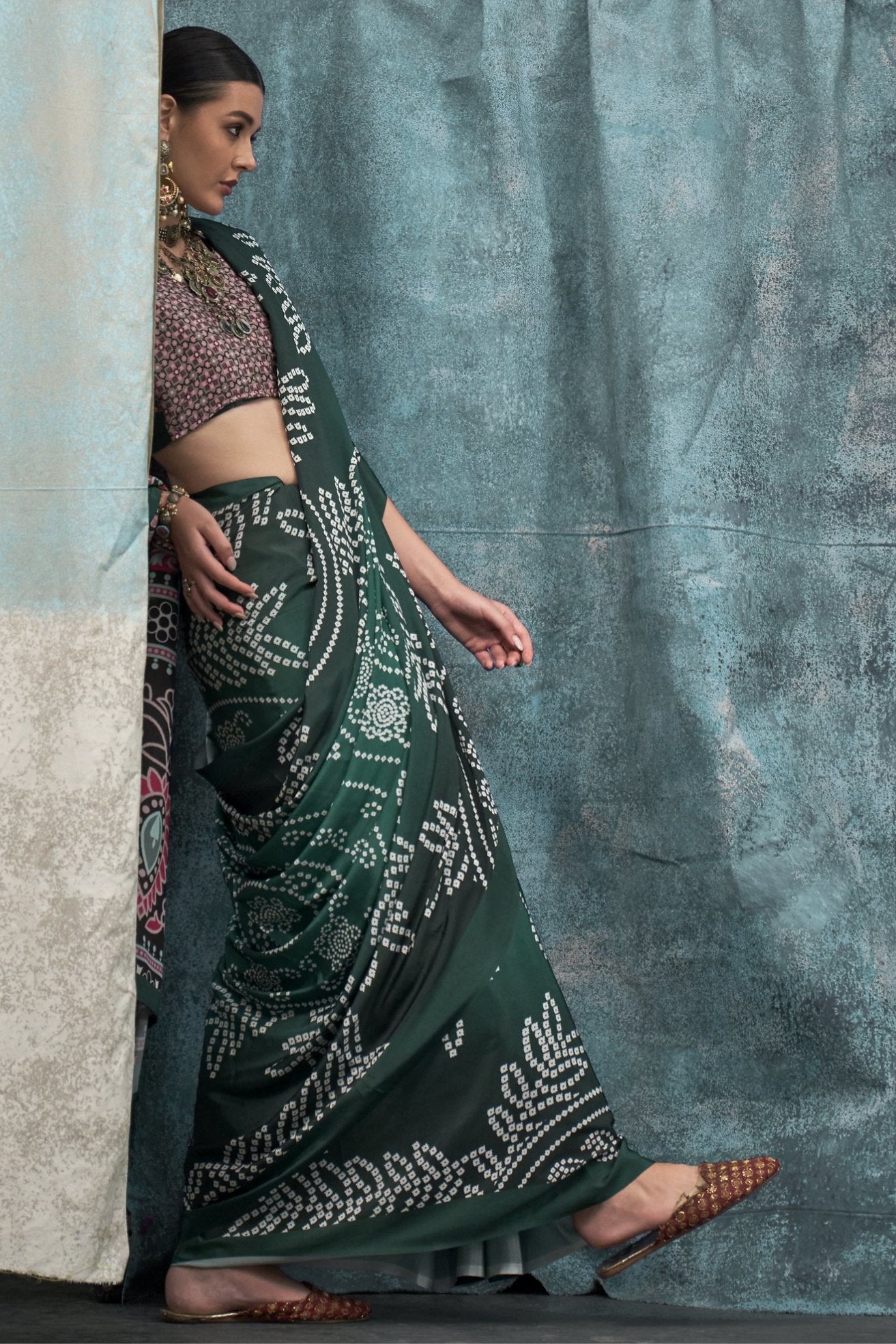 Buy MySilkLove Timber Green Printed Satin Crepe Sarees Online