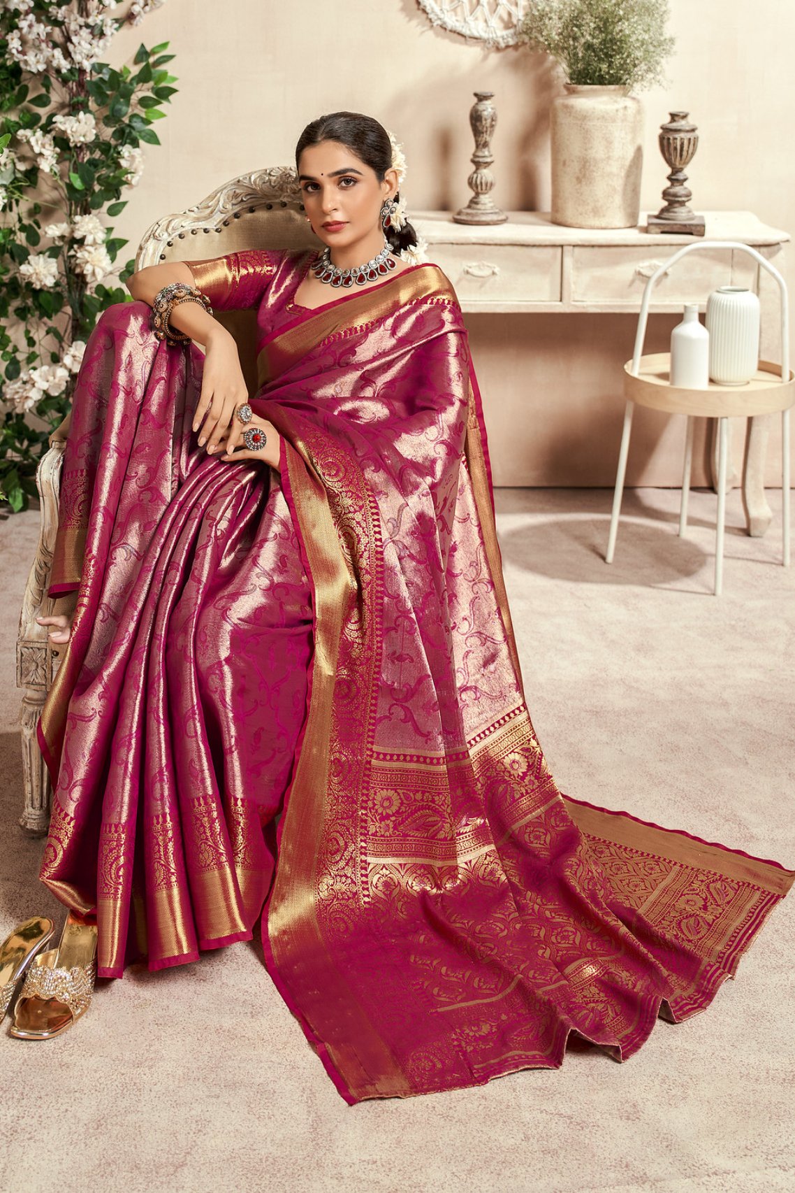 Buy MySilkLove Charm Pink Woven Kanjivaram Saree Online