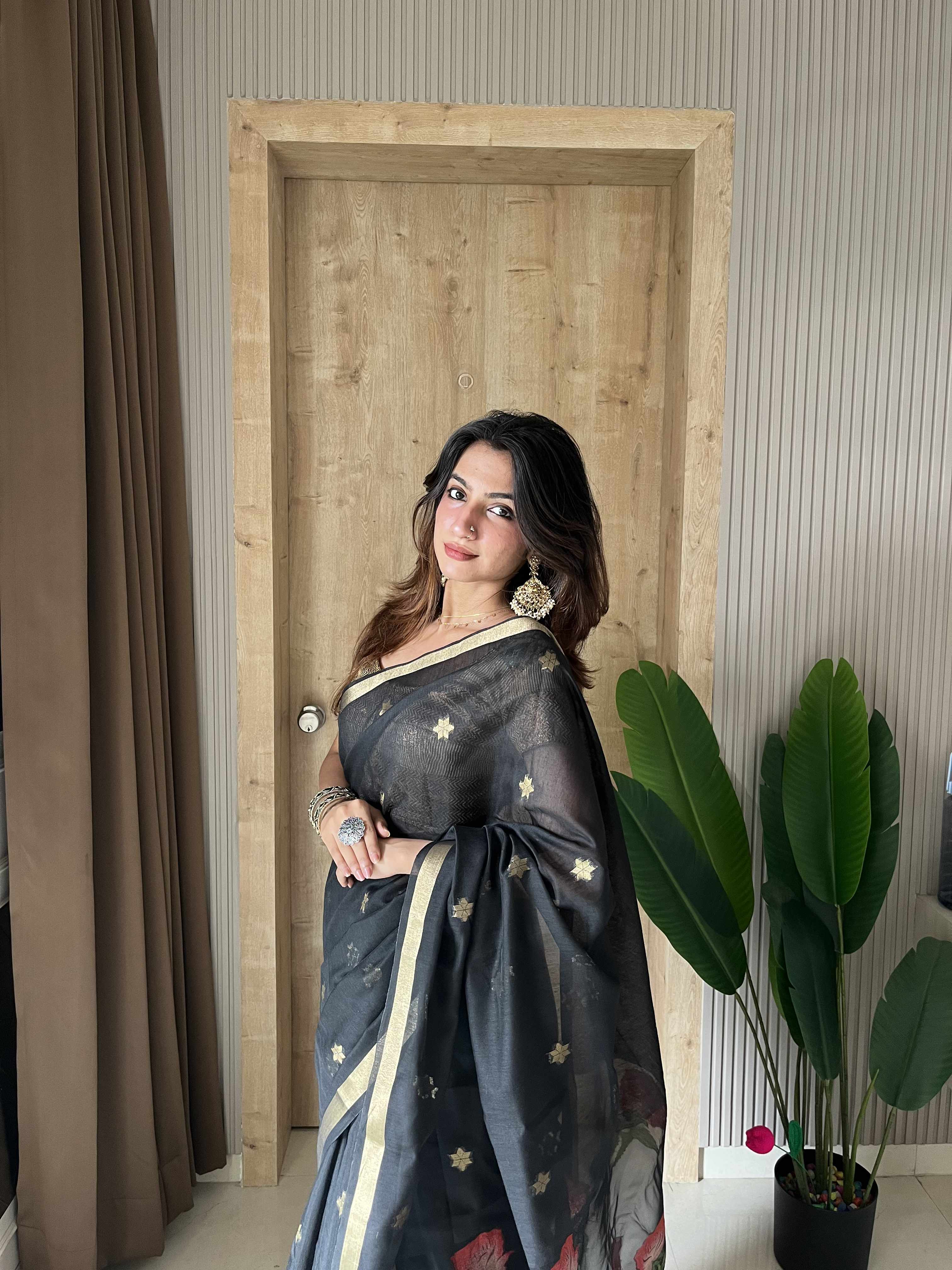 Buy MySilkLove Ace Black Handloom Muga Cotton Saree Online