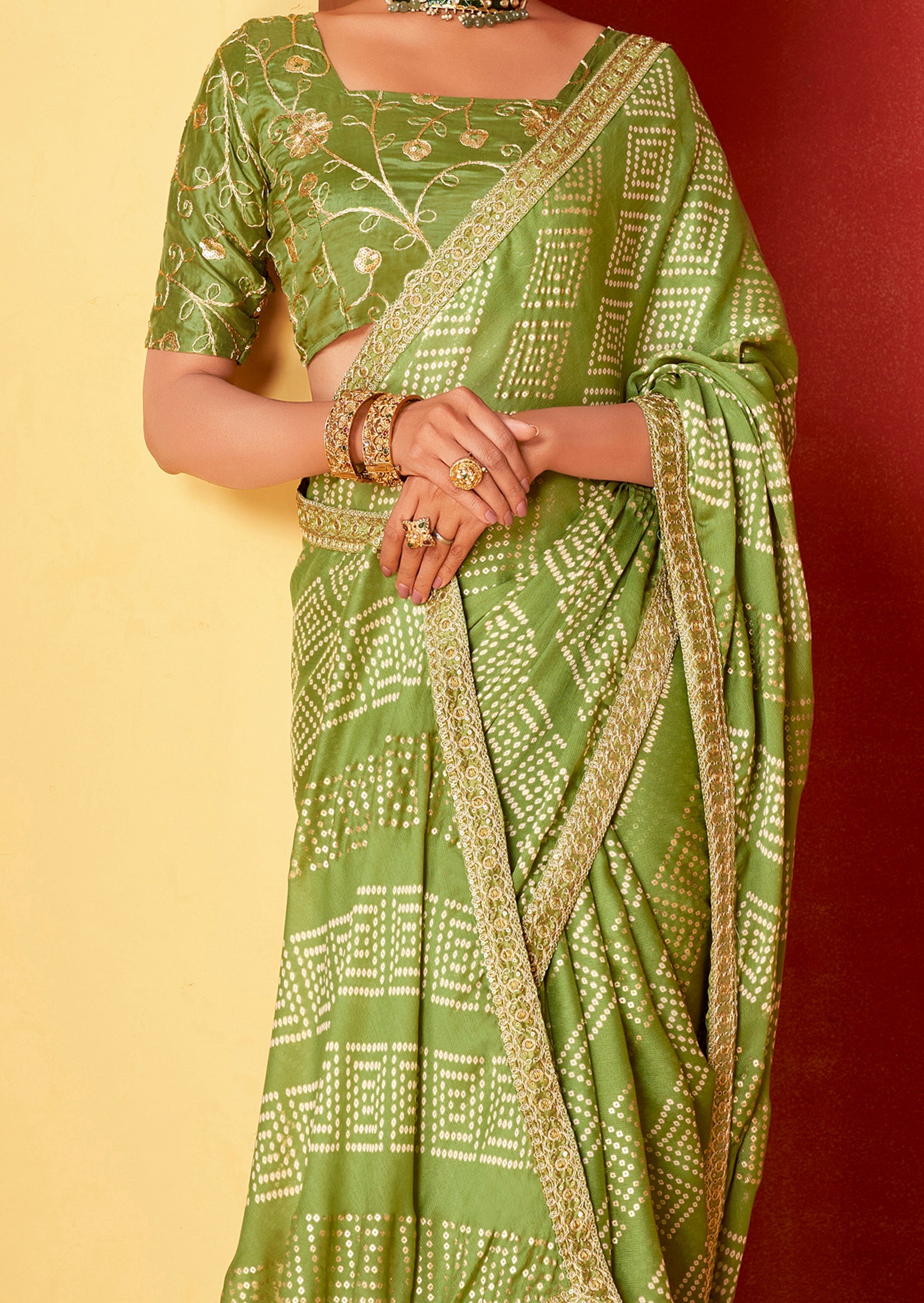 Buy MySilkLove Christi Green Chiffon Bandhani Embroidery Saree Online