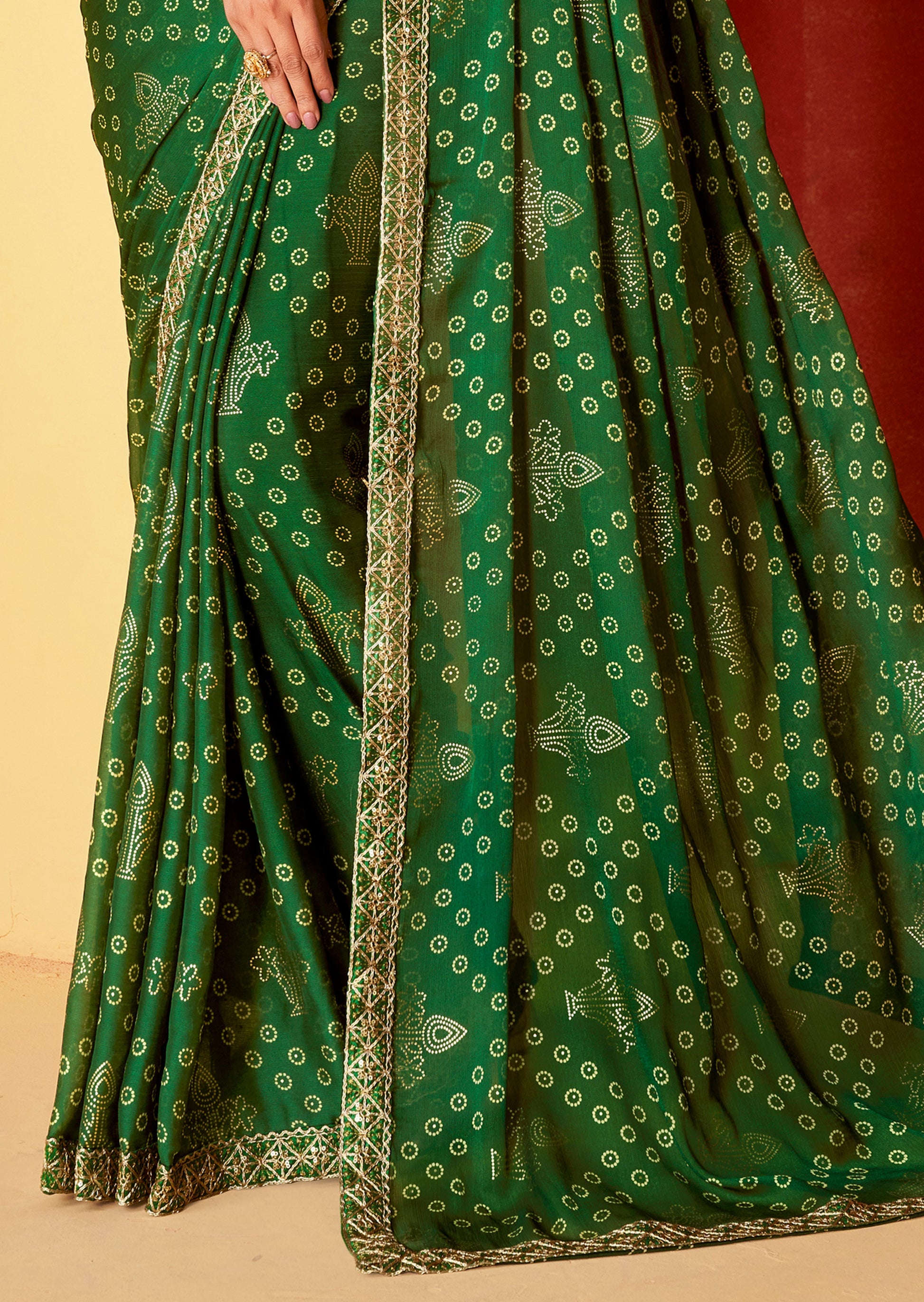 Buy MySilkLove Dark Tree Green Chiffon Bandhani Embroidery Saree Online