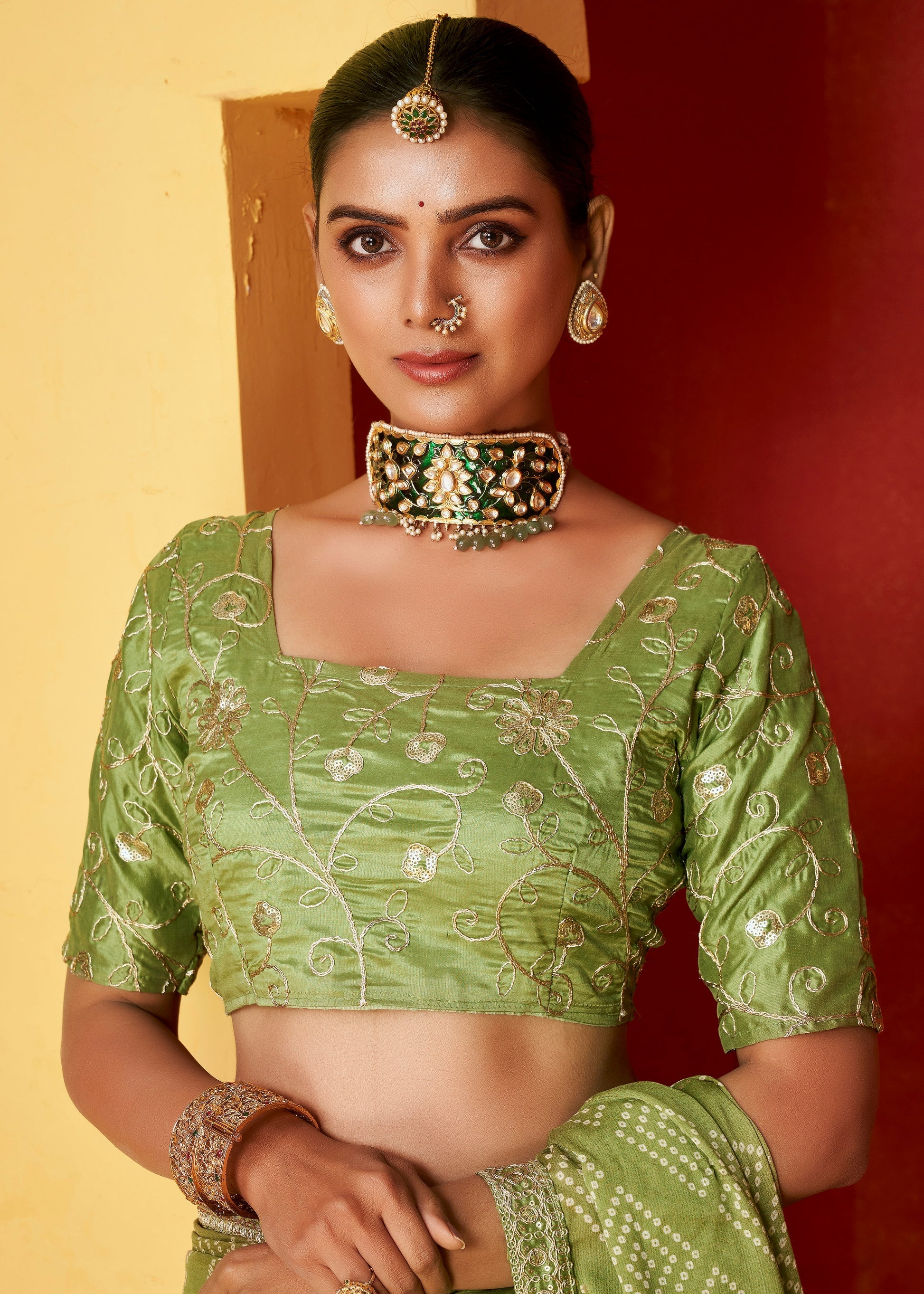 Buy MySilkLove Christi Green Chiffon Bandhani Embroidery Saree Online