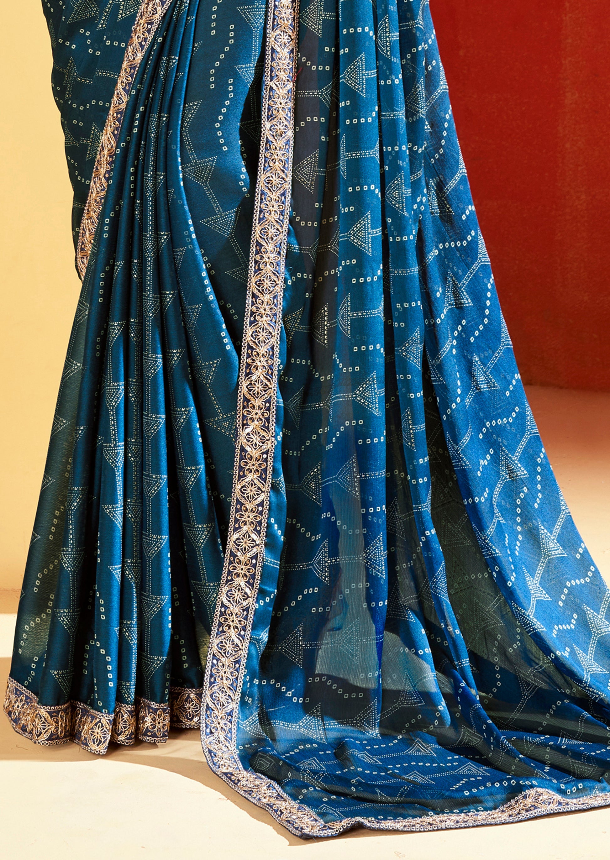 Buy MySilkLove Berry Blue Chiffon Bandhani Embroidery Saree Online