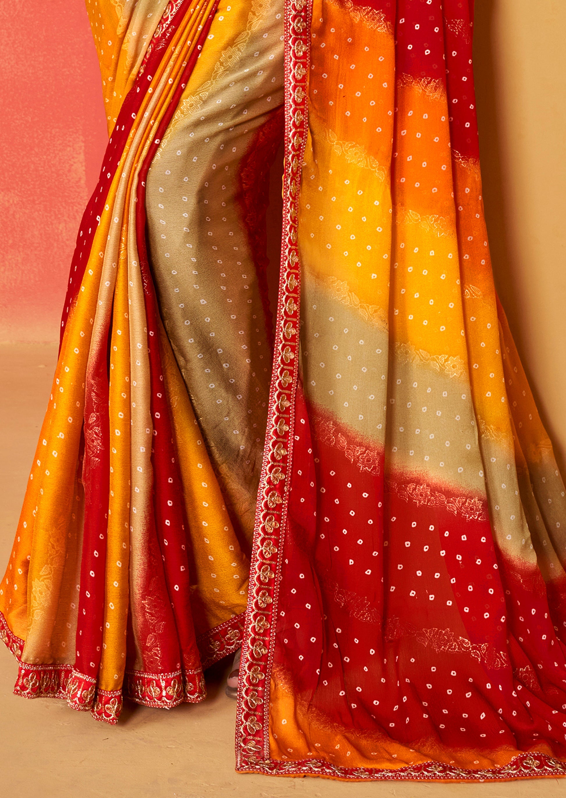 Buy MySilkLove Sangria Red and Yellow Chiffon Bandhani Embroidery Saree Online