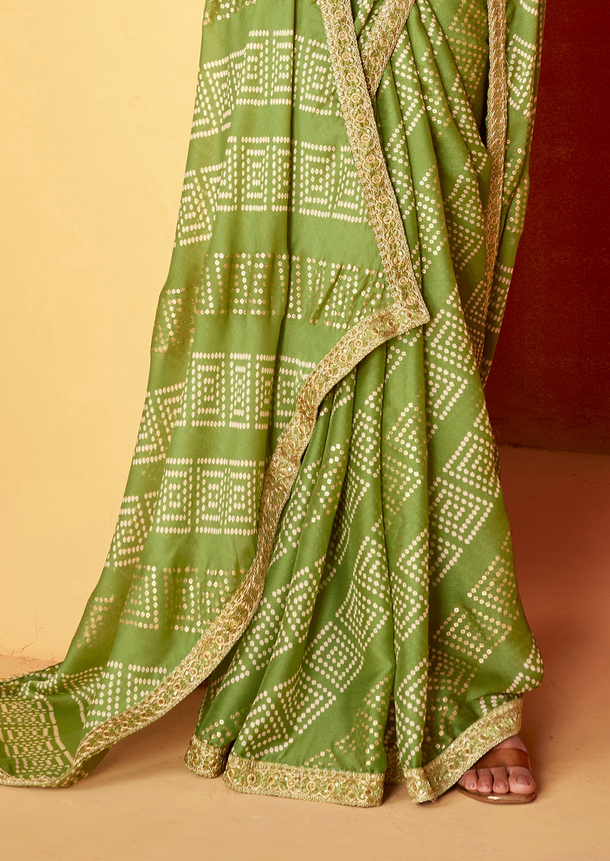 Buy MySilkLove Christi Green Chiffon Bandhani Embroidery Saree Online