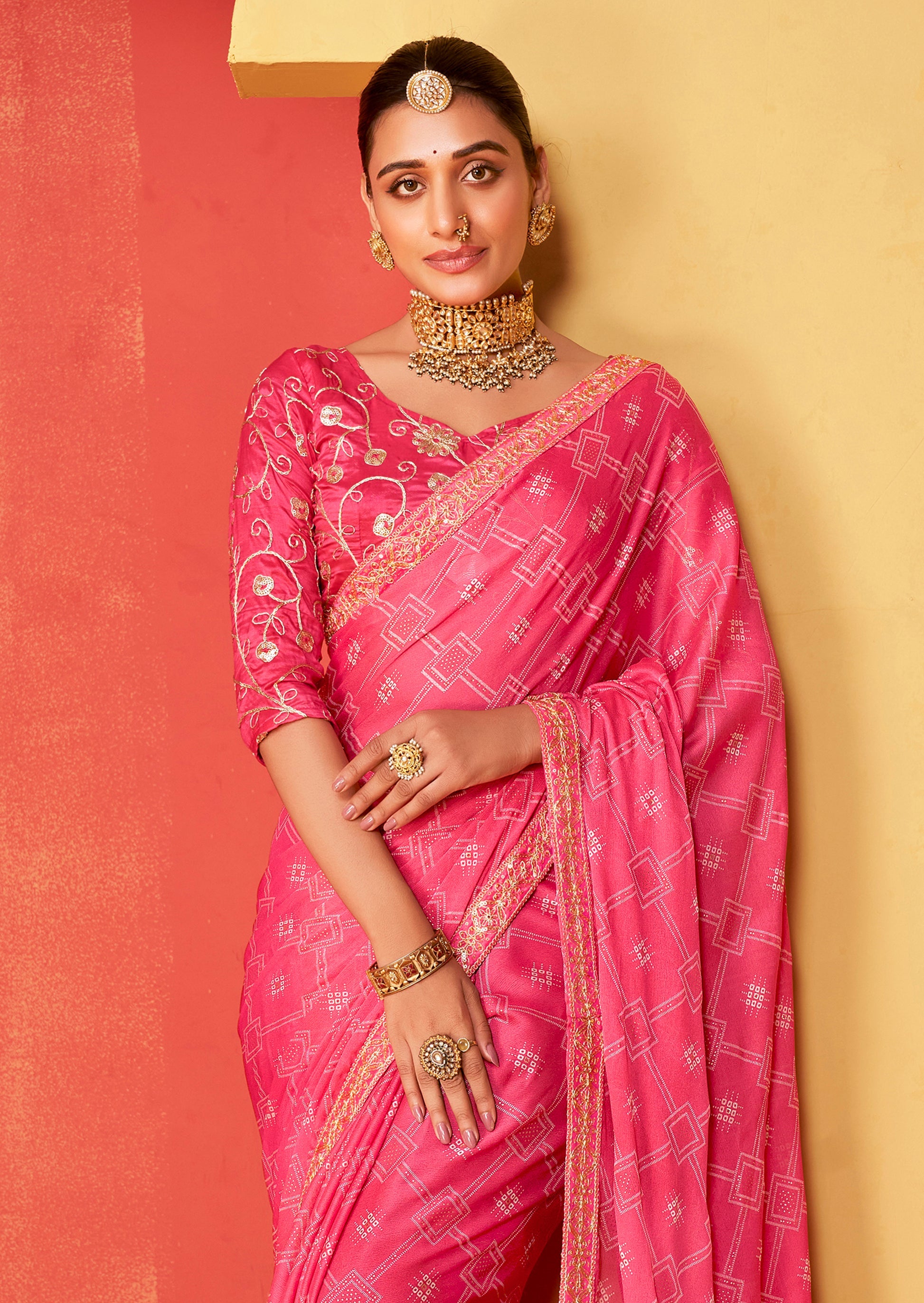 Buy MySilkLove Petite Pink Chiffon Bandhani Embroidery Saree Online