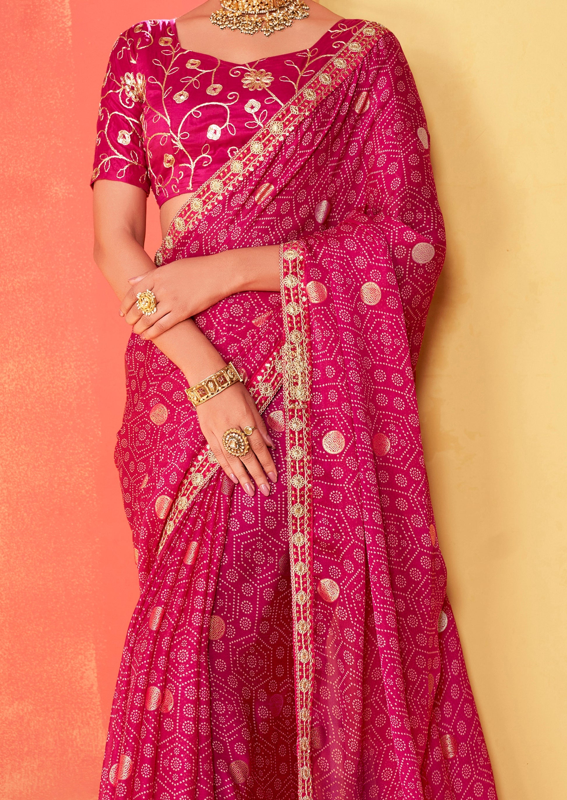 Buy MySilkLove Barbie Pink Chiffon Bandhani Embroidery Saree Online