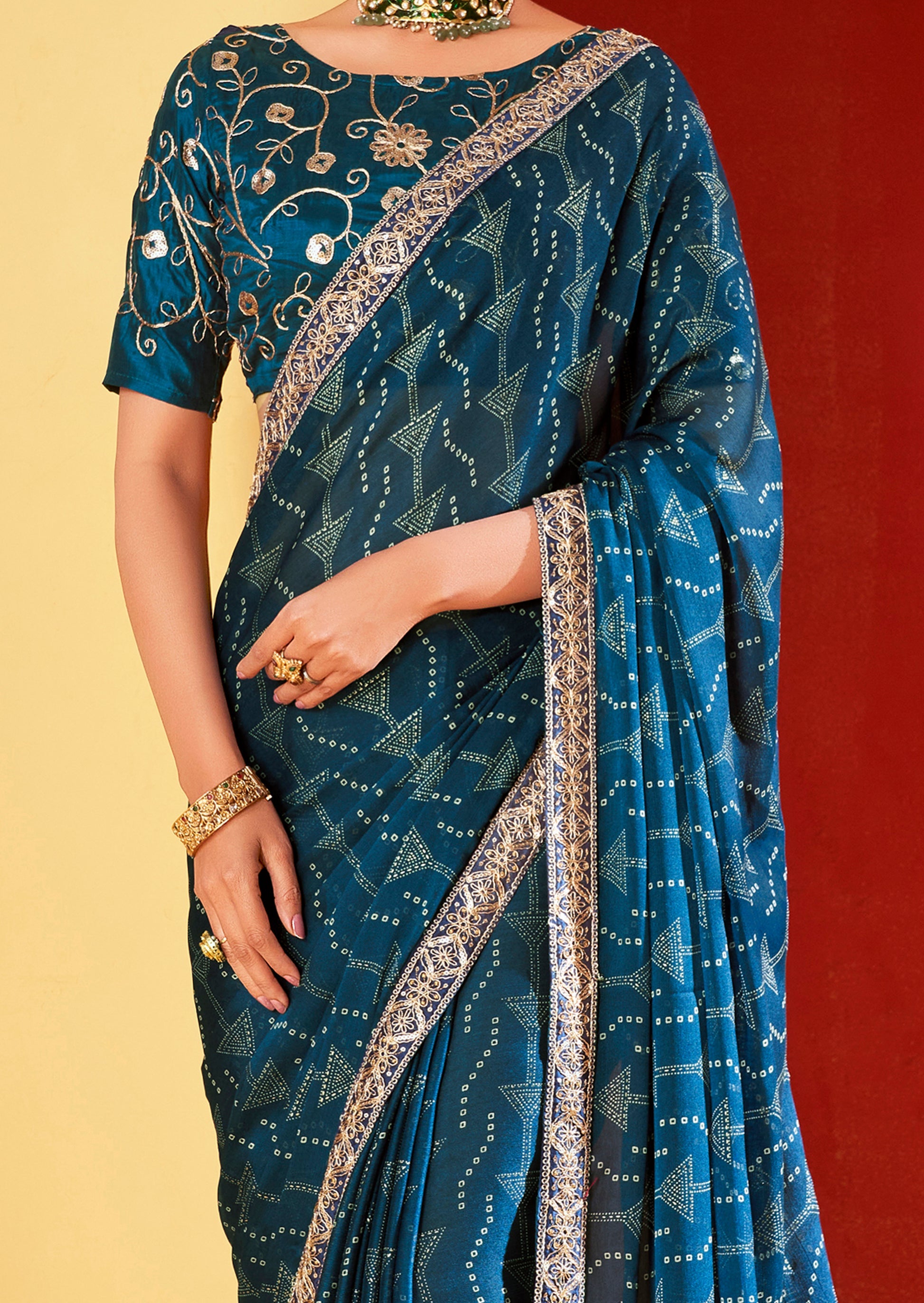 Buy MySilkLove Berry Blue Chiffon Bandhani Embroidery Saree Online