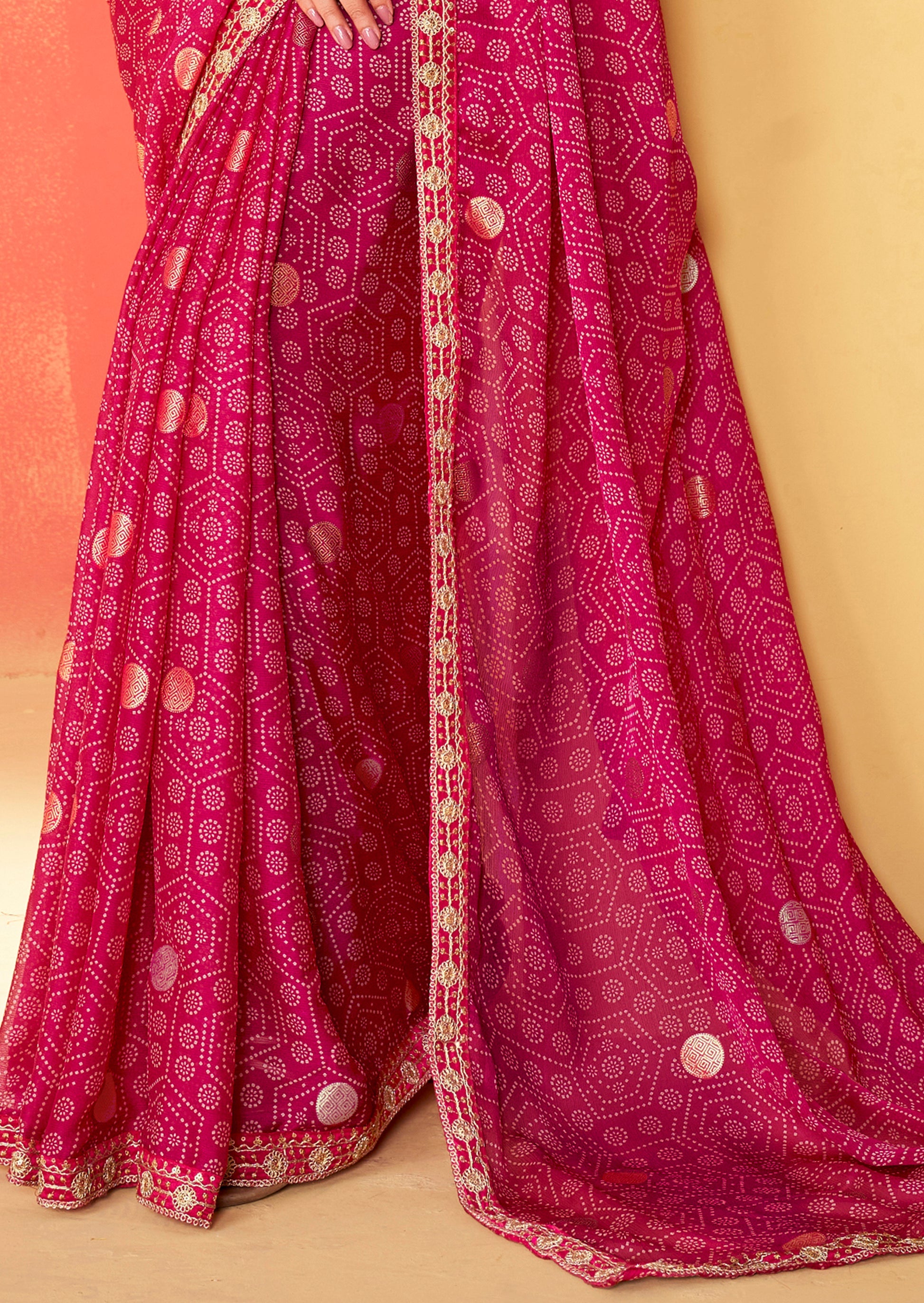 Buy MySilkLove Barbie Pink Chiffon Bandhani Embroidery Saree Online