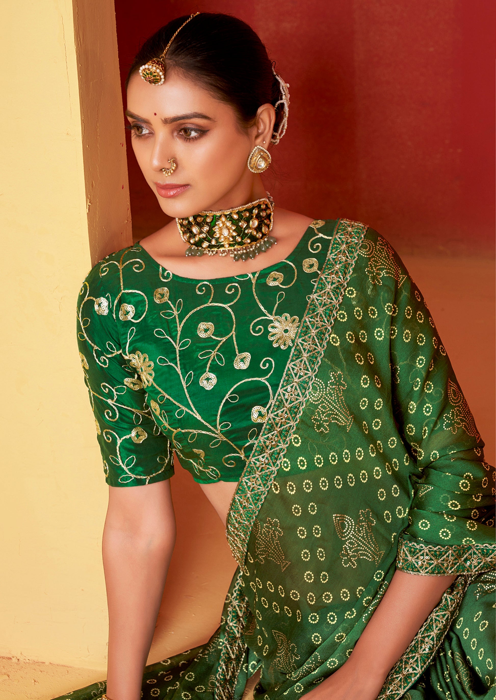 MySilkLove Dark Tree Green Chiffon Bandhani Embroidery Saree