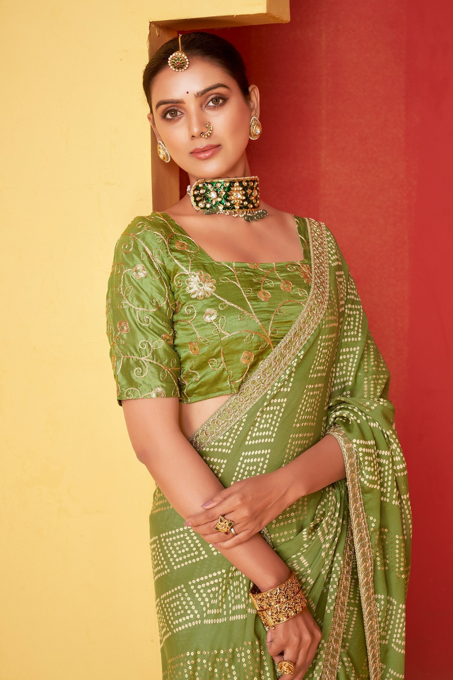 MySilkLove Christi Green Chiffon Bandhani Embroidery Saree