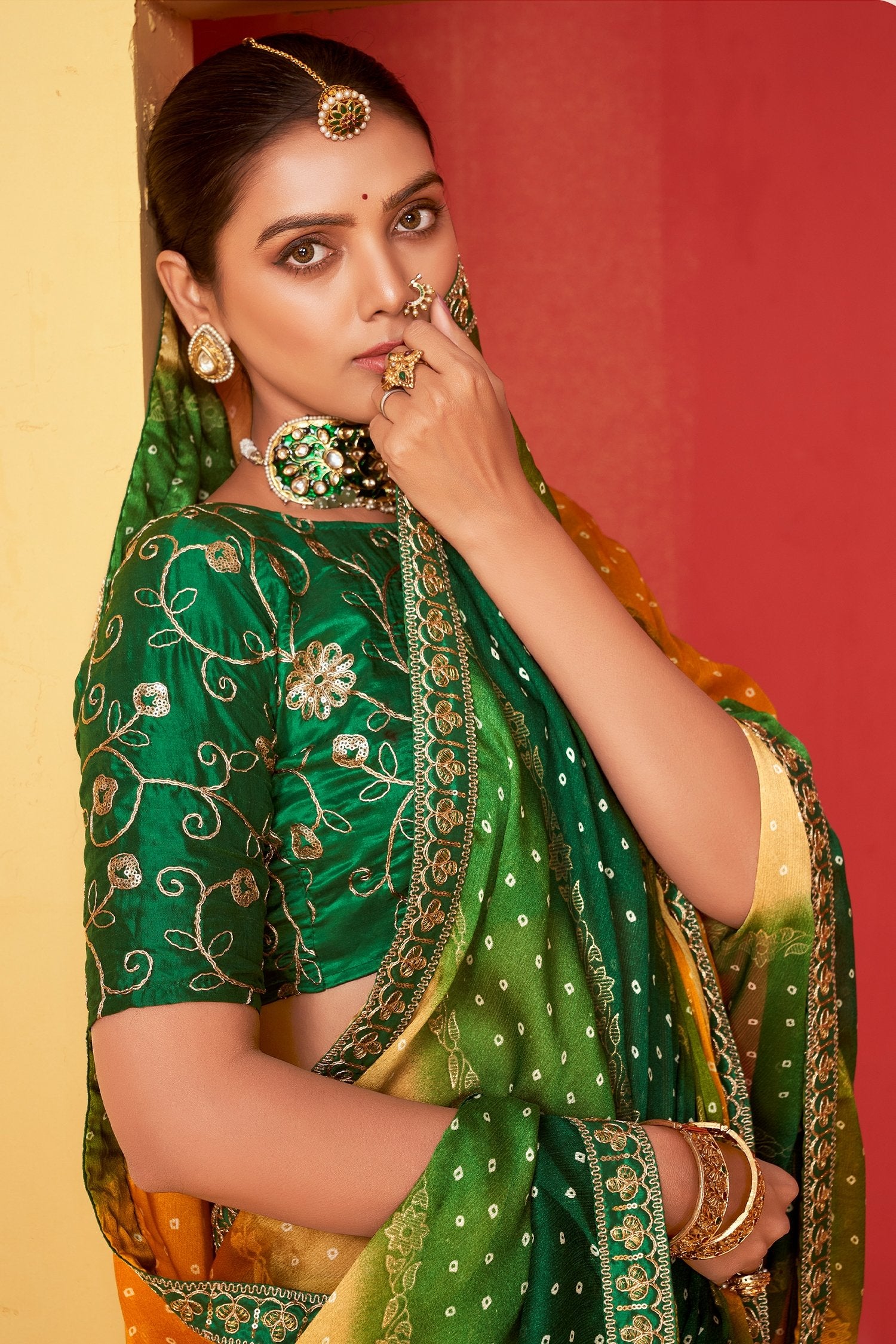 MySilkLove Emerald Green and Yellow Chiffon Bandhani Embroidery Saree