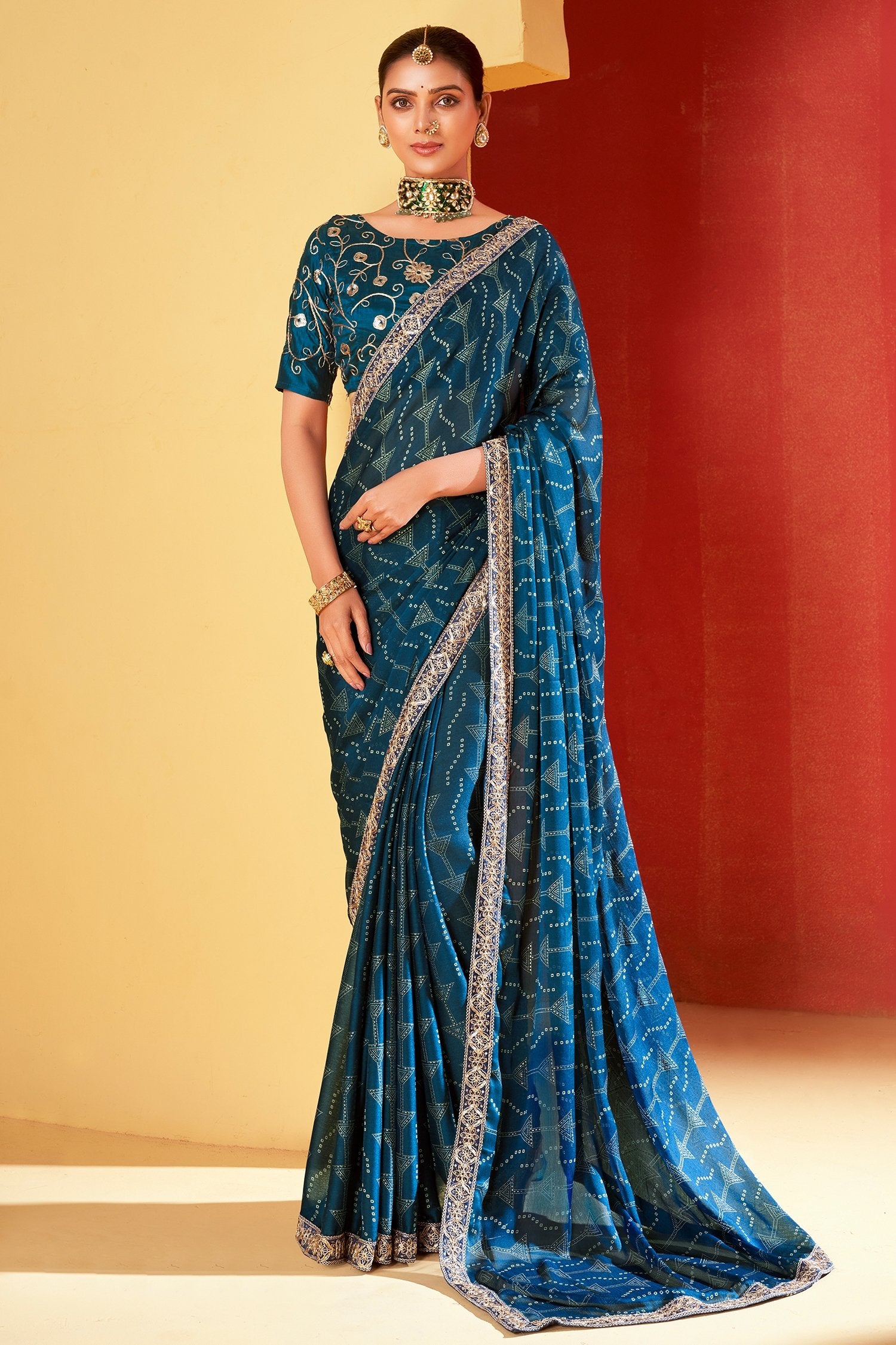 Buy MySilkLove Berry Blue Chiffon Bandhani Embroidery Saree Online