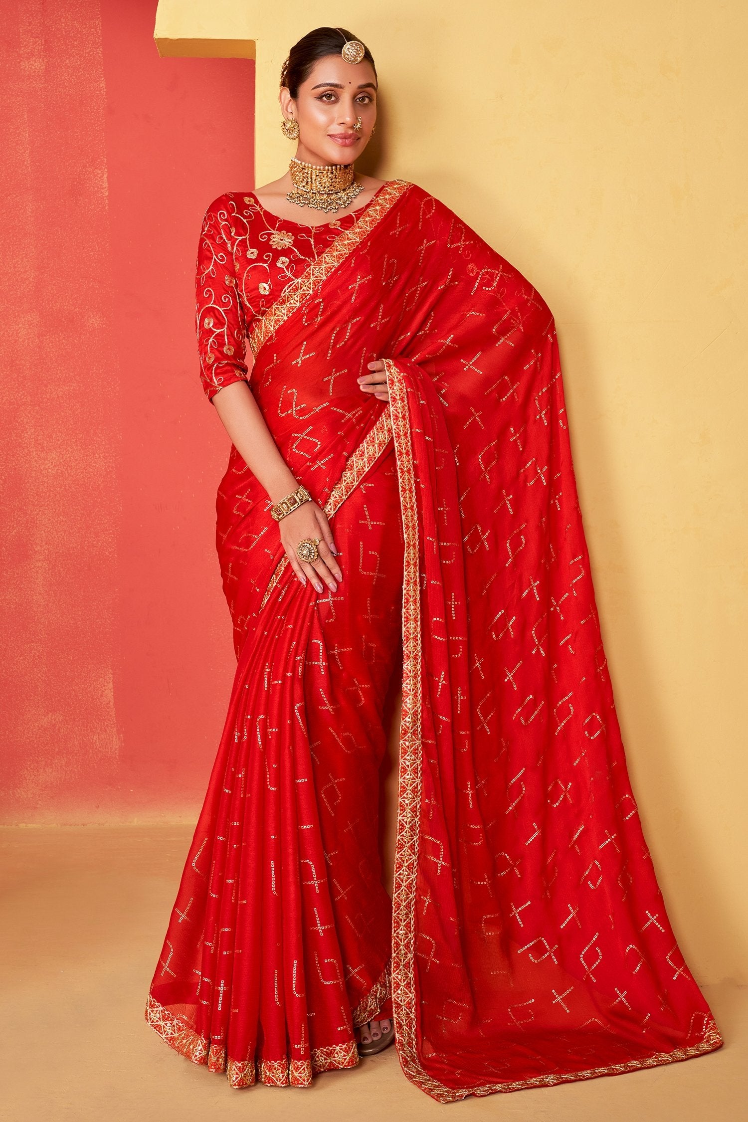 Buy MySilkLove Persian Red Chiffon Bandhani Embroidery Saree Online