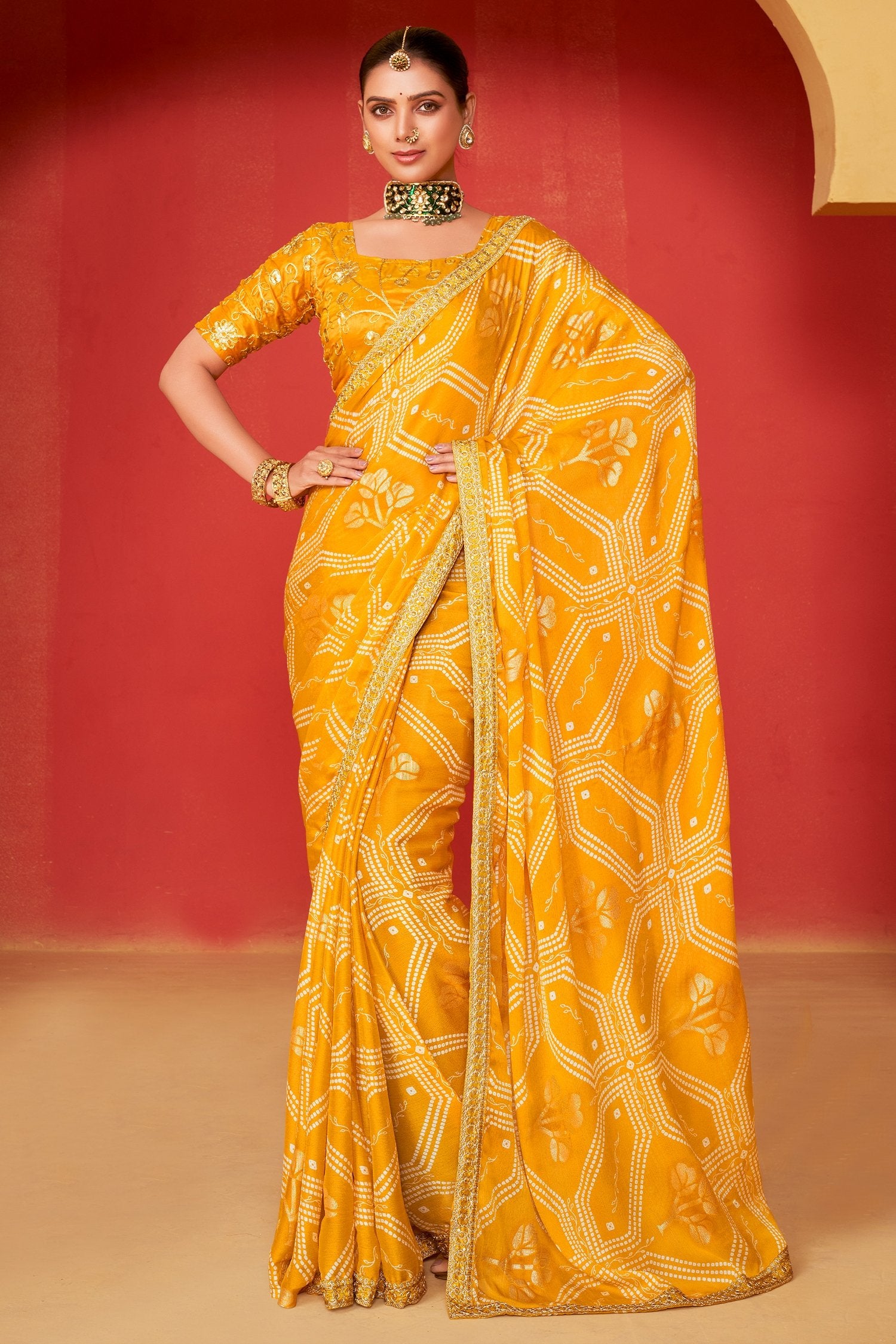 Buy MySilkLove Cyber Yellow Chiffon Bandhani Embroidery Saree Online