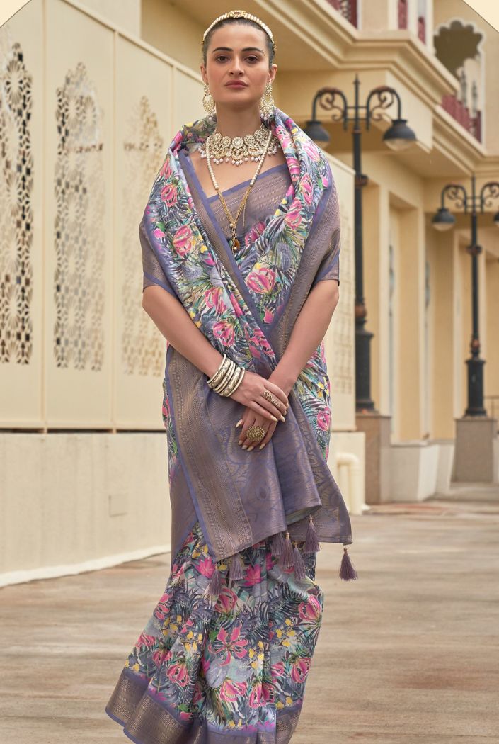 MySilkLove Tuskar Purple Banarasi Printed Saree