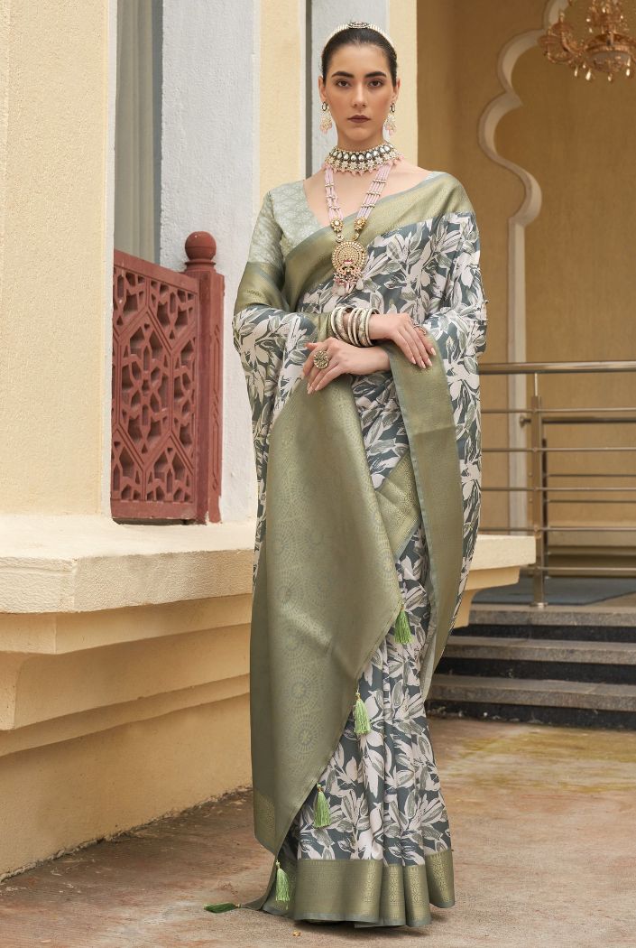 Buy MySilkLove Olive Green Banarasi Printed Saree Online