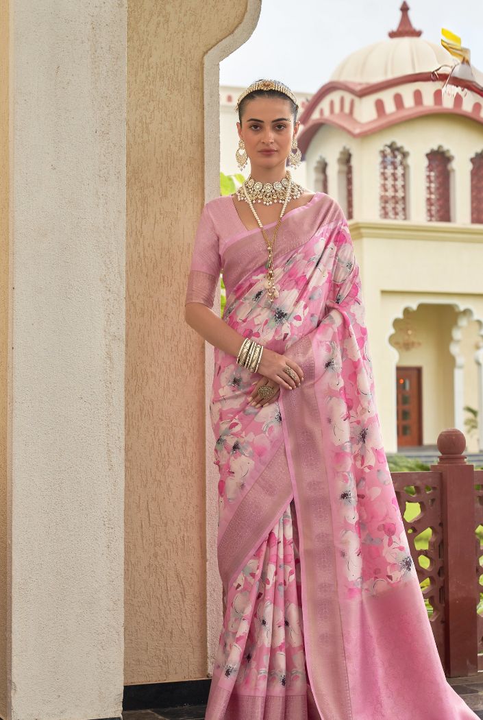 Buy MySilkLove Classic Rose Pink Banarasi Printed Saree Online
