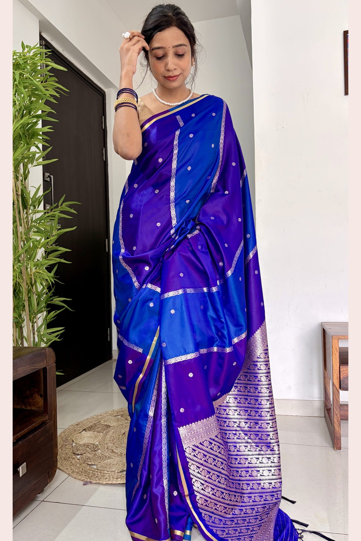 Buy MySilkLove Dark Blue Handloom Rangkat Banarasi Satin Silk Saree Online