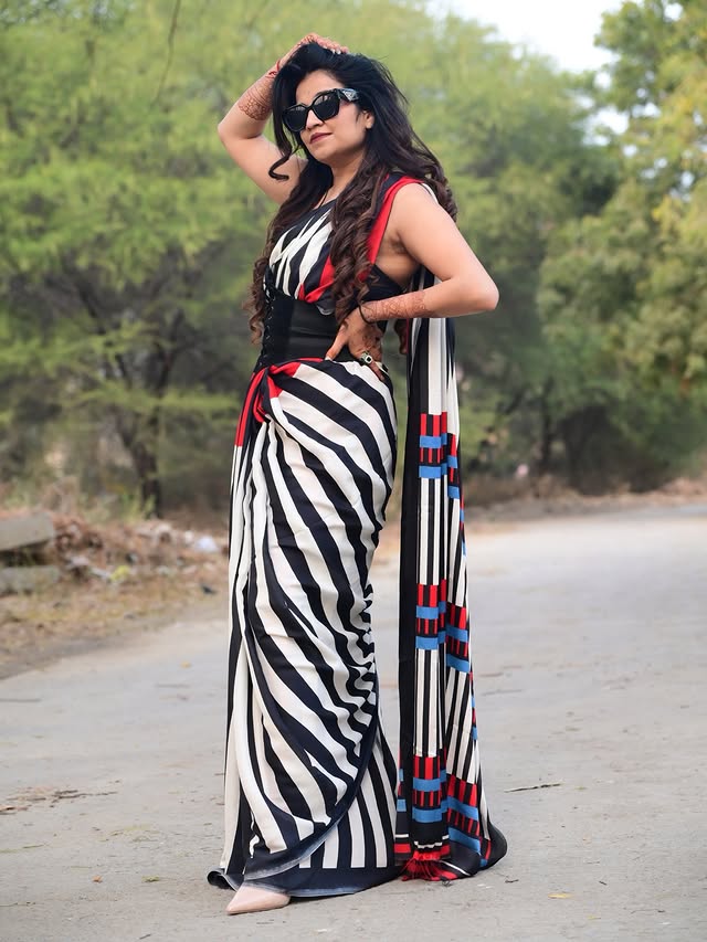 Buy MySilkLove Aced Black and White Stripes Printed Satin Crepe Silk Saree Online