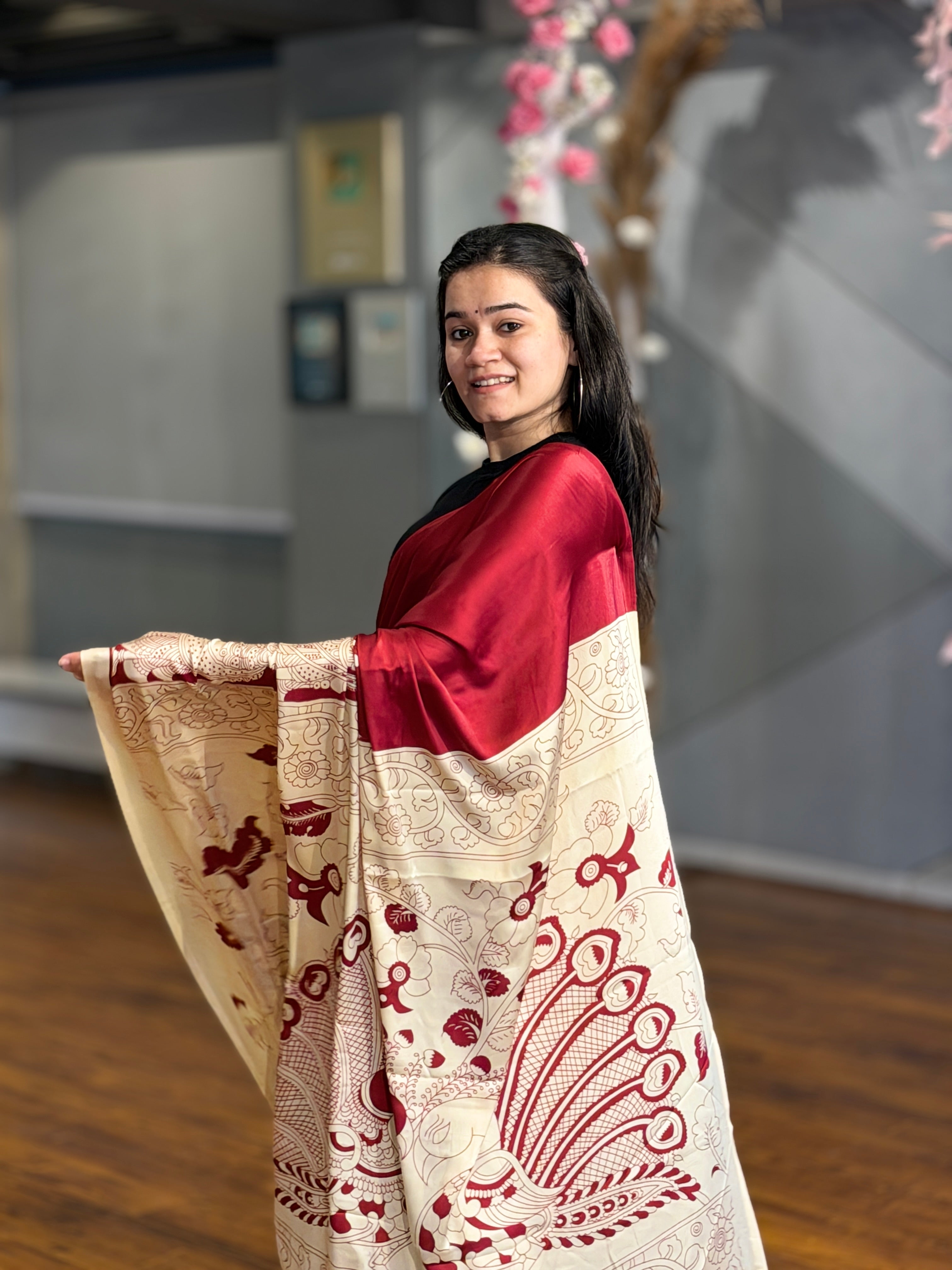 Buy MySilkLove Tan Maroon and Cream Ajrakh Printed Satin Crepe Silk Saree Online