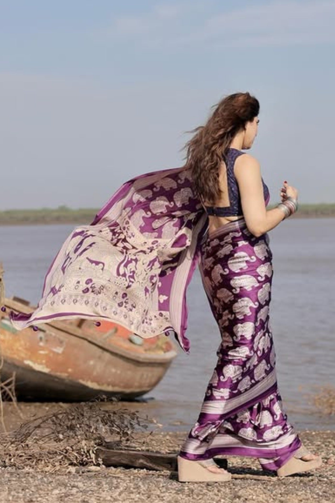 Buy MySilkLove Haze Purple Ajrakh Printed Satin Crepe Silk Saree Online