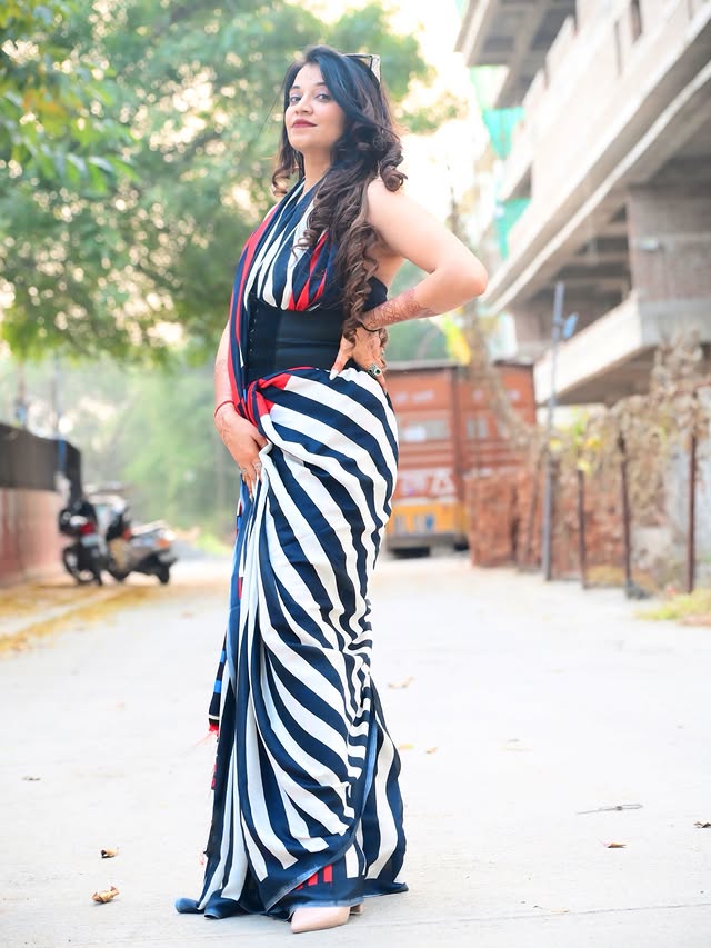 Buy MySilkLove Aced Black and White Stripes Printed Satin Crepe Silk Saree Online