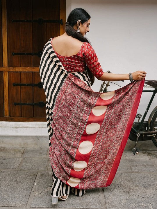 Buy MySilkLove Magnolia White and Black Stripes Ajrakh Printed Satin Crepe Silk Saree Online