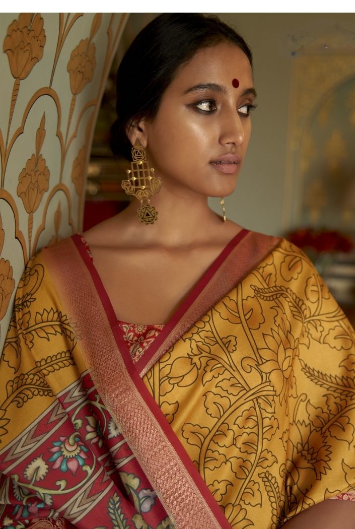 Buy MySilkLove Tussock Yellow Printed Kalamakri Silk Saree Online