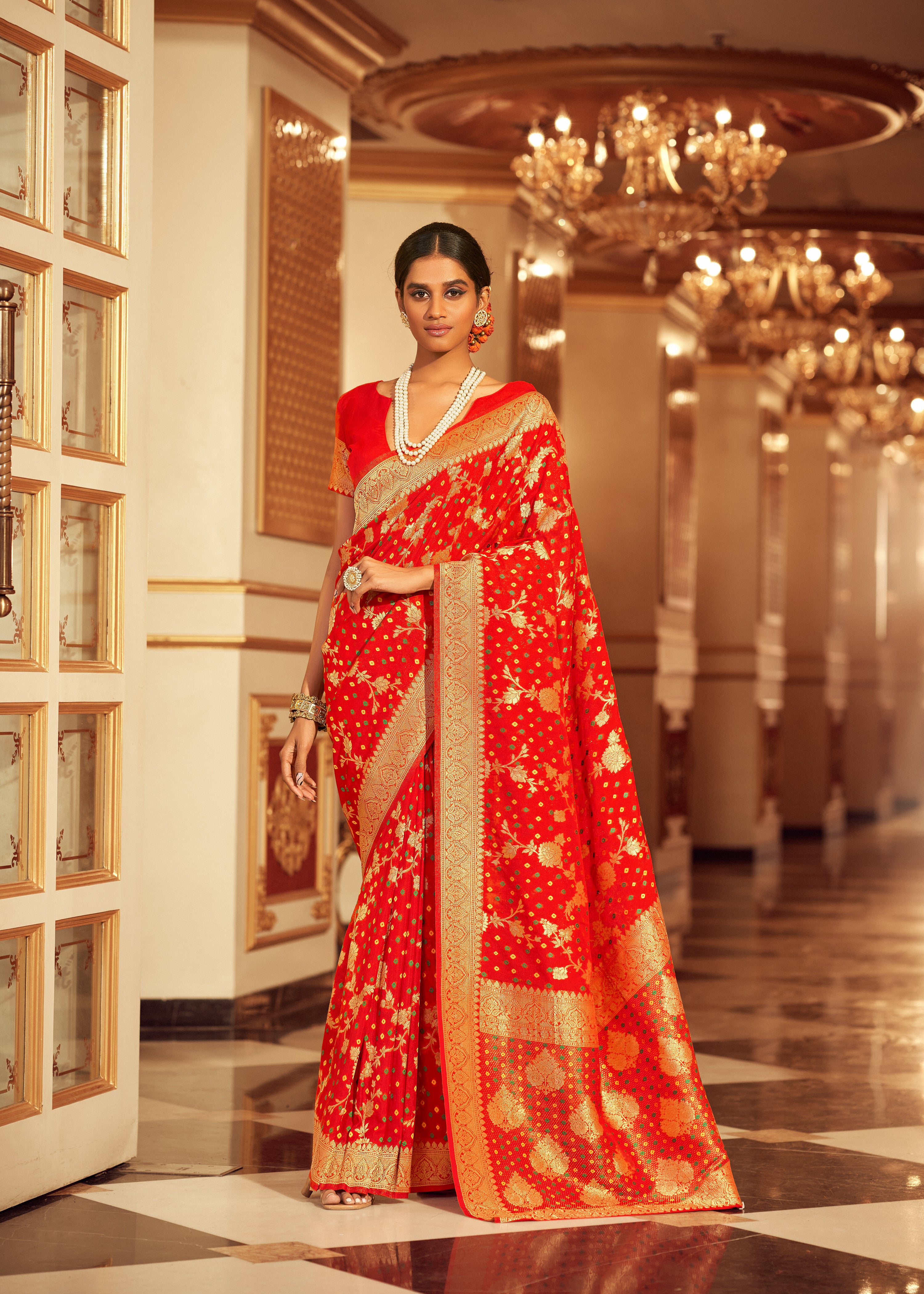 Buy MySilkLove Persimmon Red Zari Woven Chiffon Bandhani Saree Online