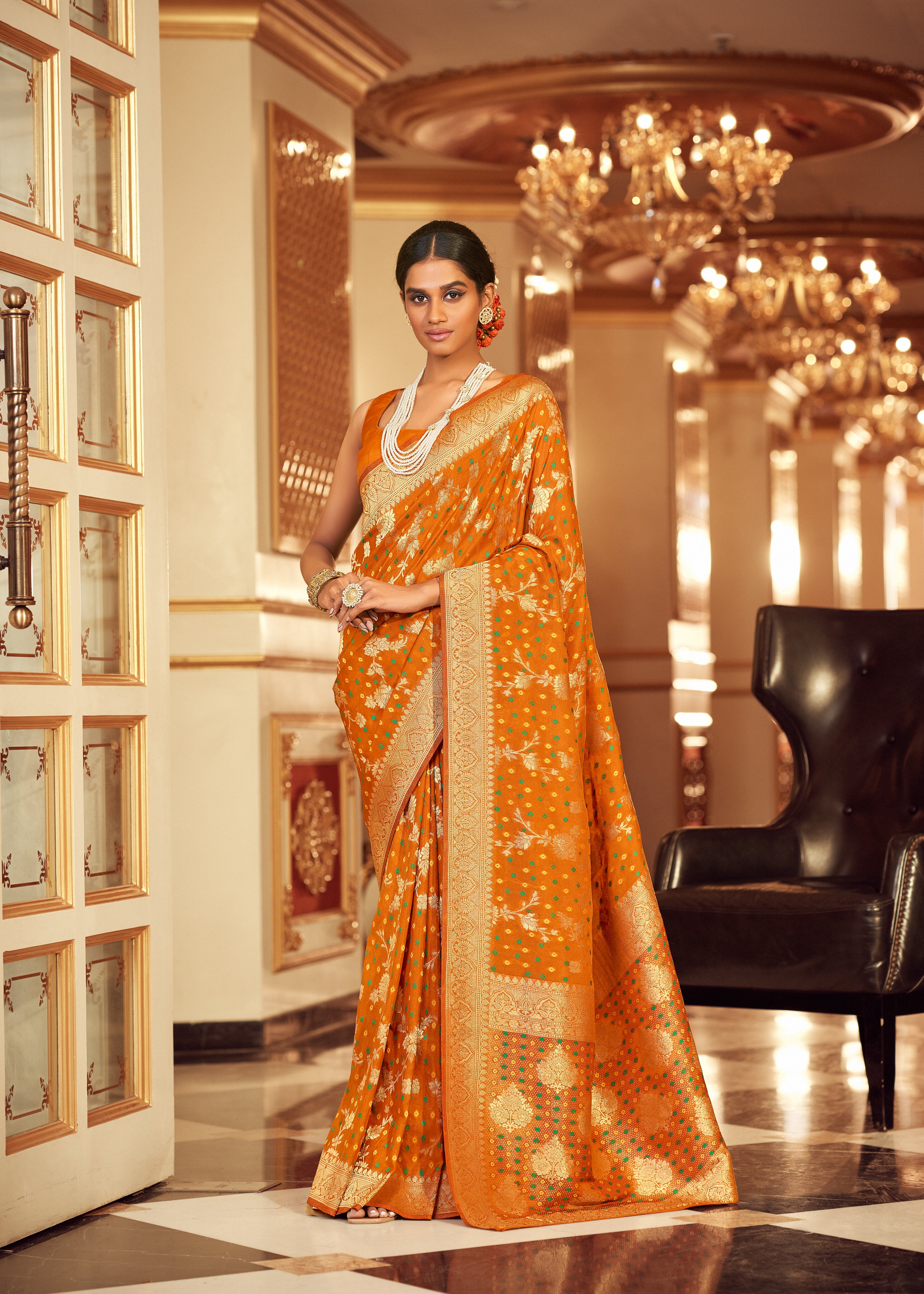 Buy MySilkLove Carrot Orange Zari Woven Chiffon Bandhani Saree Online