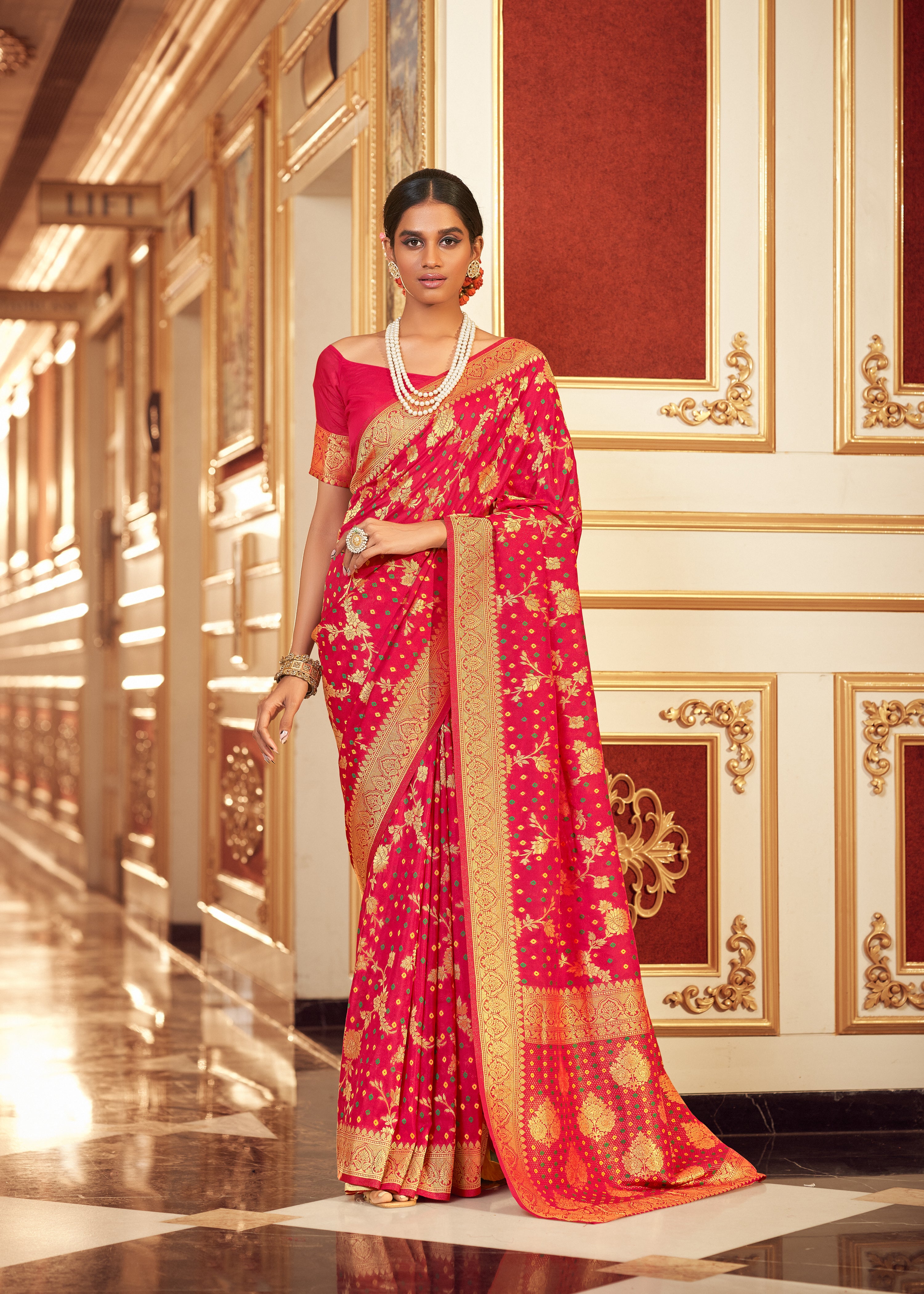 Buy MySilkLove Cabaret Pink Zari Woven Chiffon Bandhani Saree Online