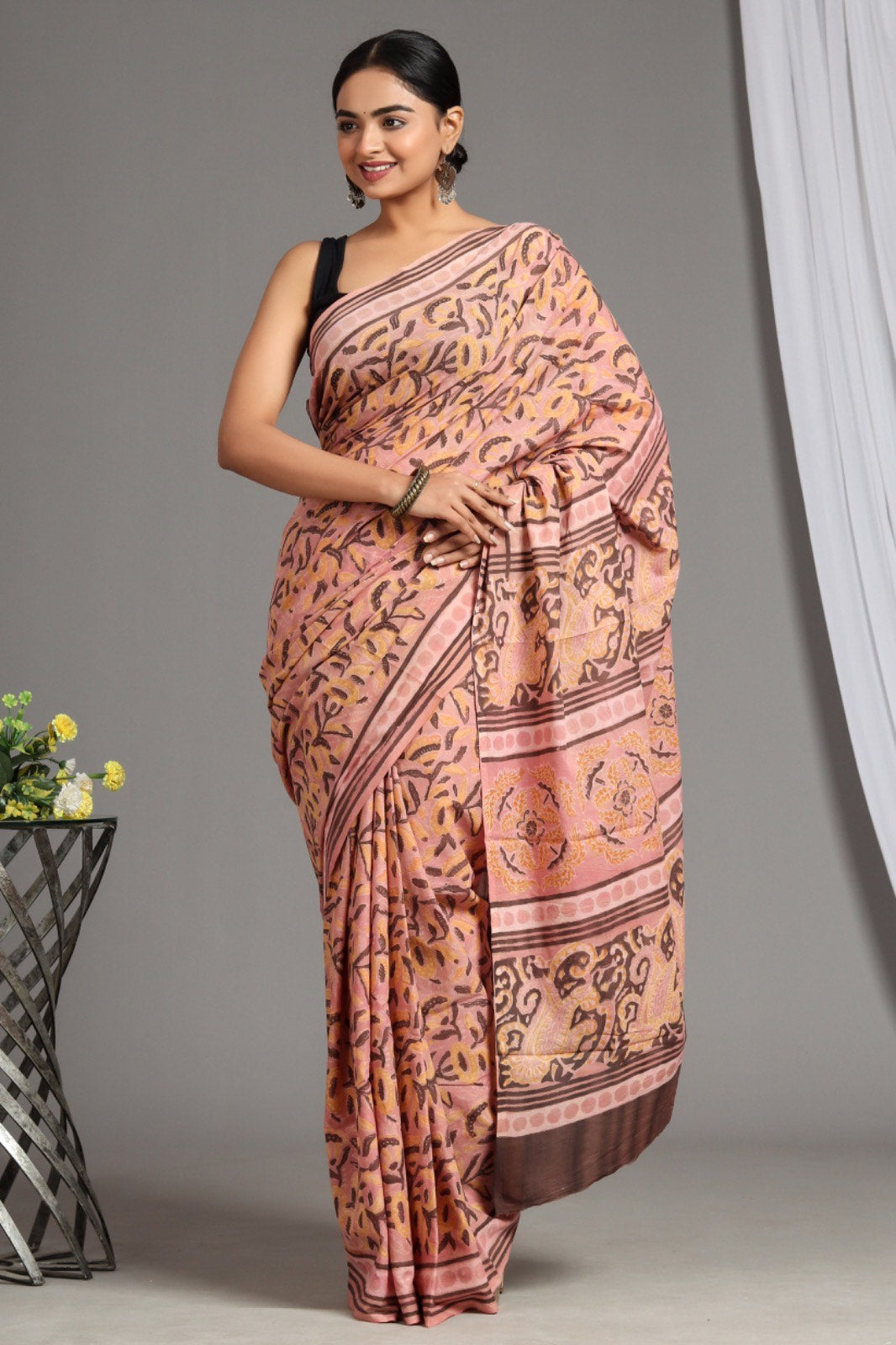 Buy MySilkLove Desert Peach Soft Mulmul Cotton Handblock Printed Saree Online