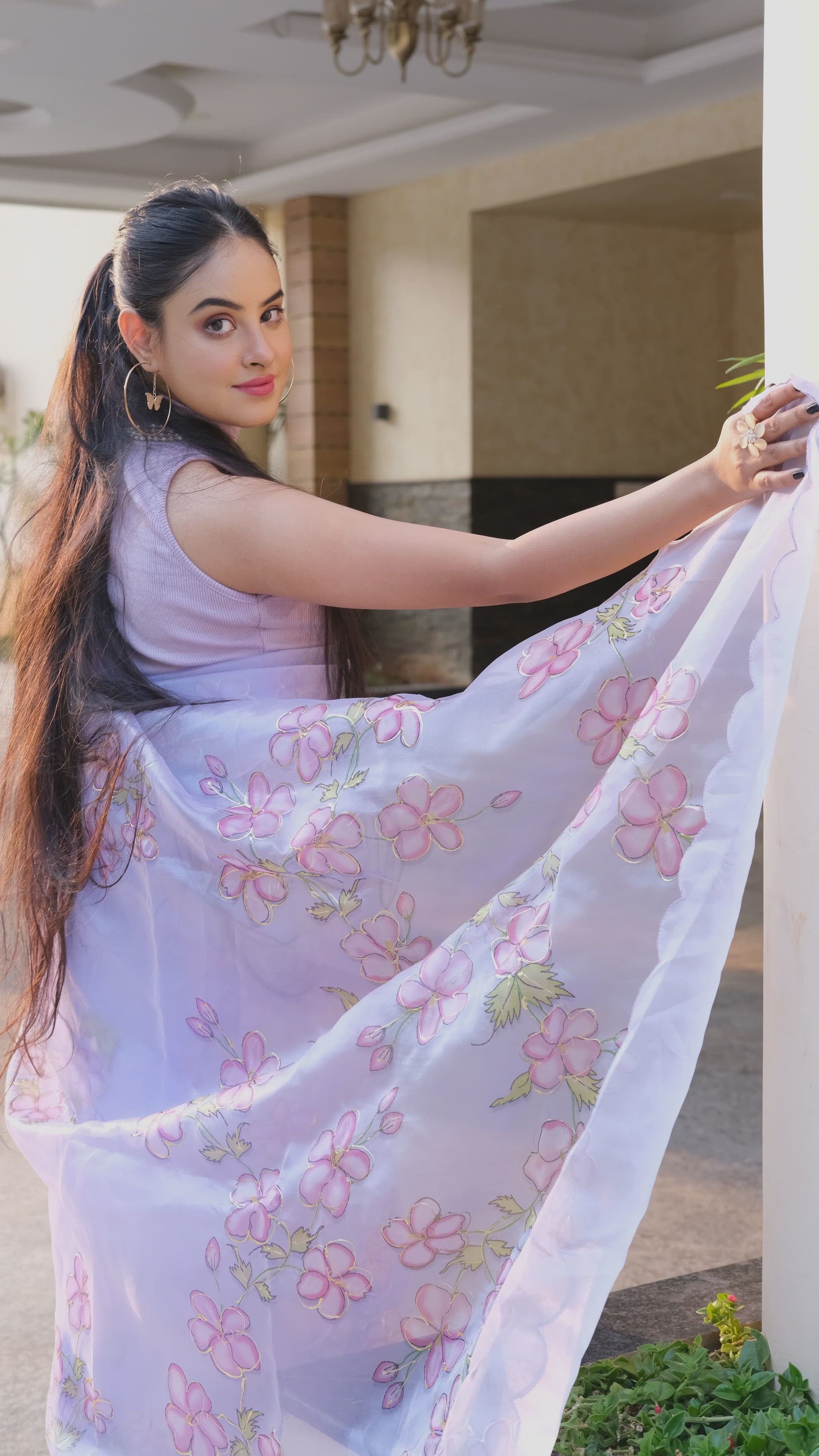 Buy MySilkLove Mauve Purple Digital Floral Print Organza Saree Online