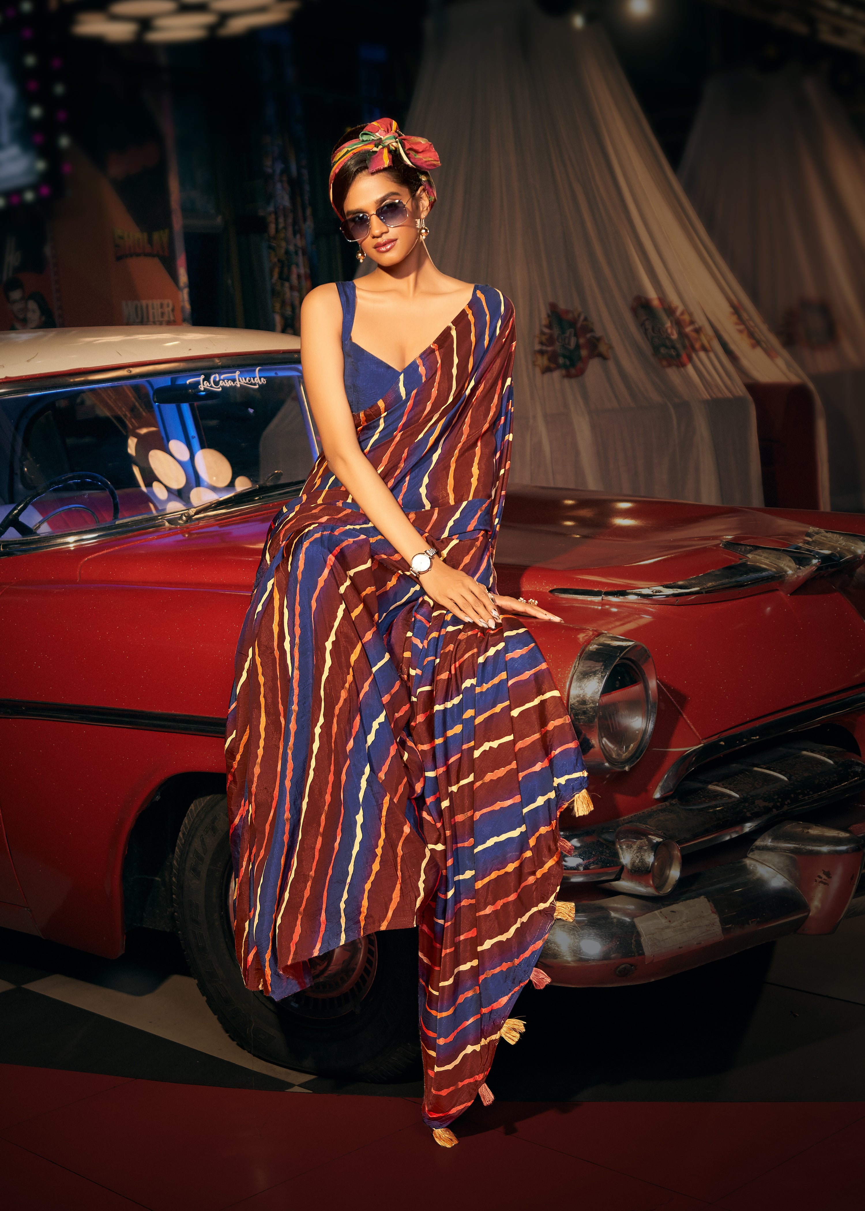 MySilkLove Brown Rust and Blue Digital Printed Lehriya Saree