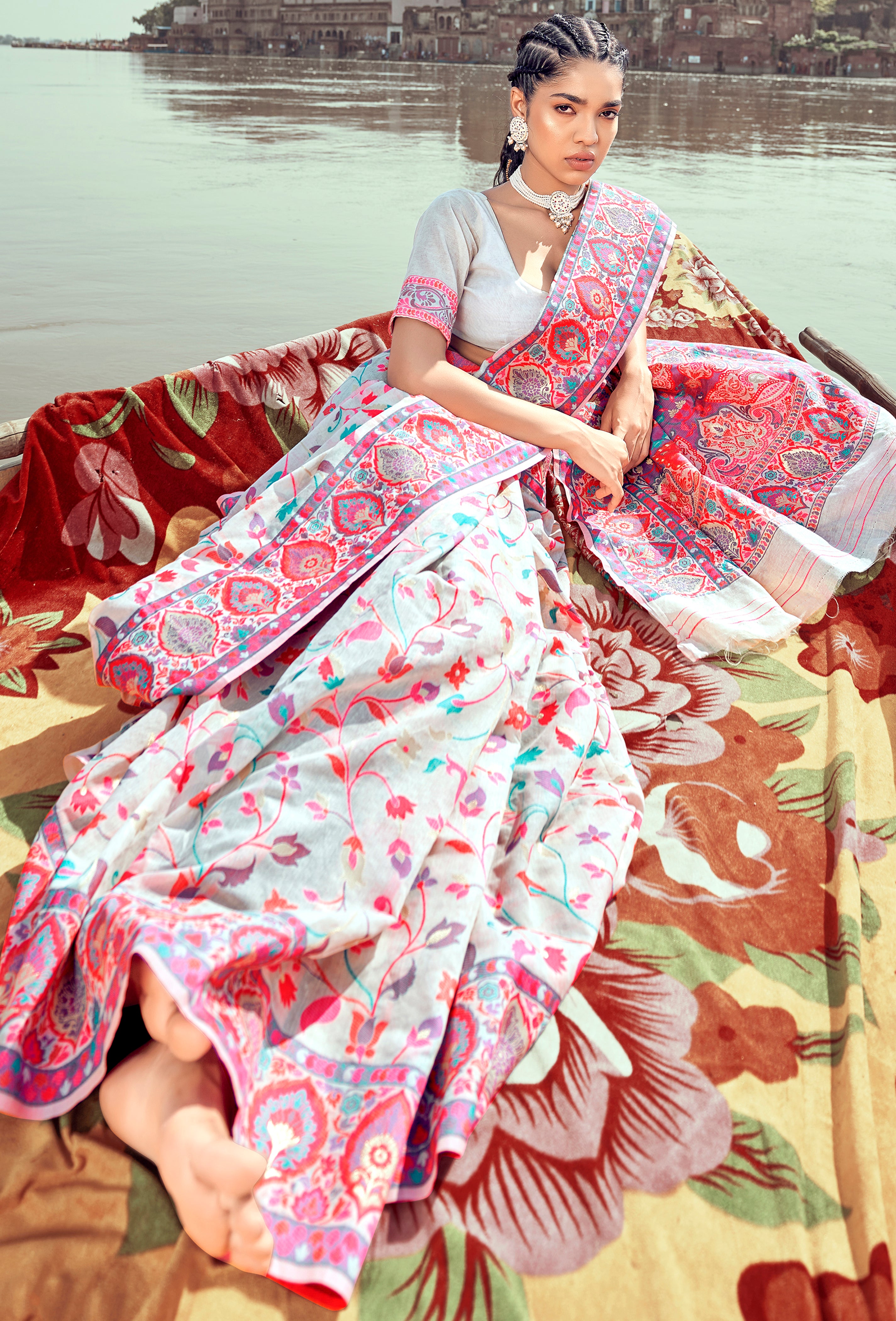 MySilkLove Cold Turkey White and Pink Woven Kashmiri Jamewar Silk Saree