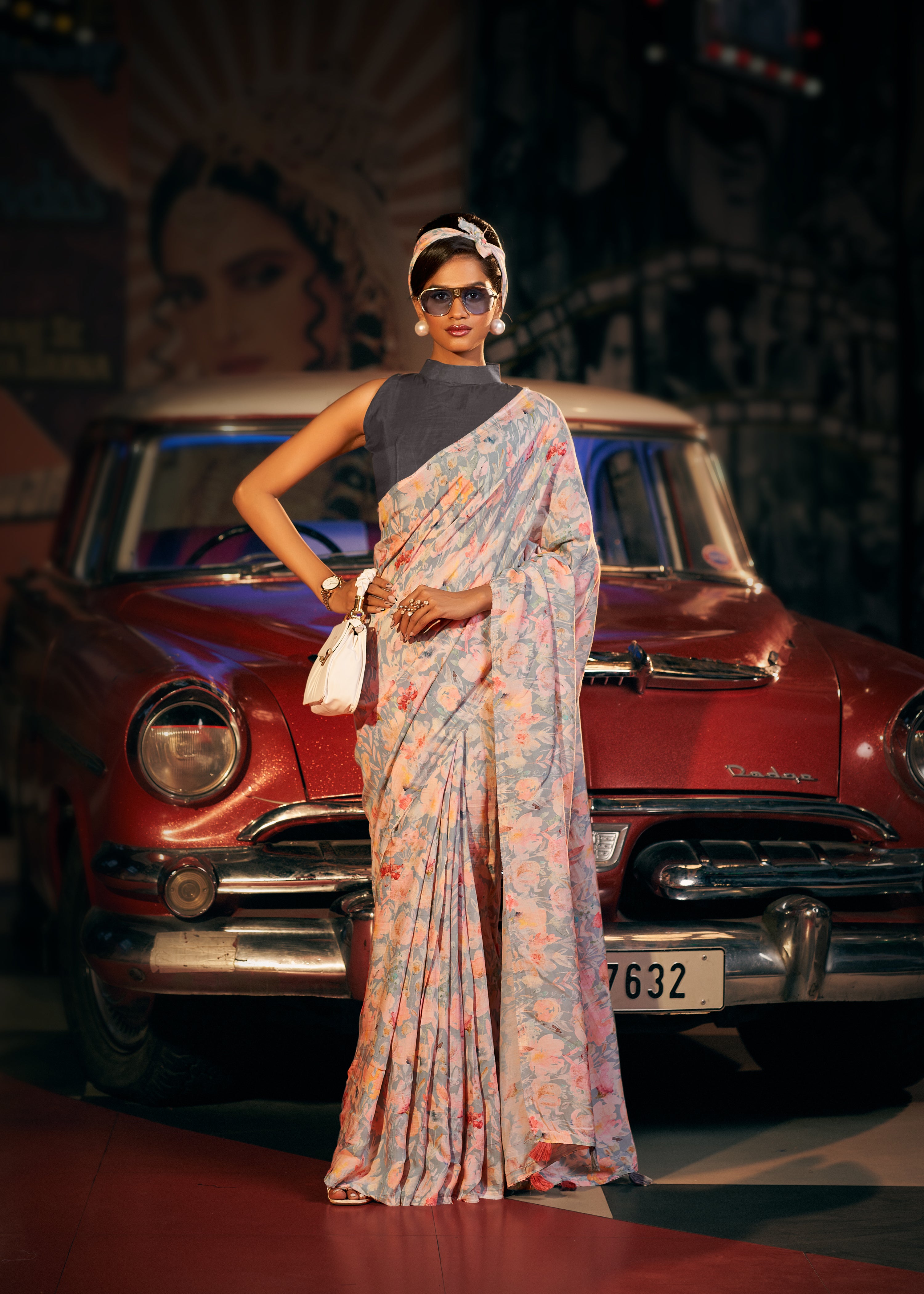 Buy MySilkLove Dust Storm Pink and Grey Digital Printed Lehriya Saree Online