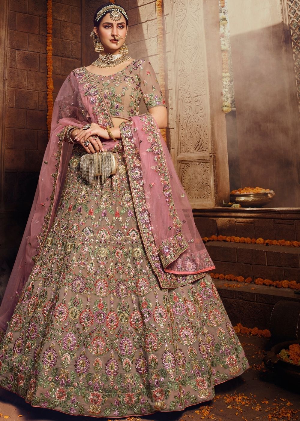 Buy MySilkLove Oriental Pink Georgette Bridal Lehenga Choli Online