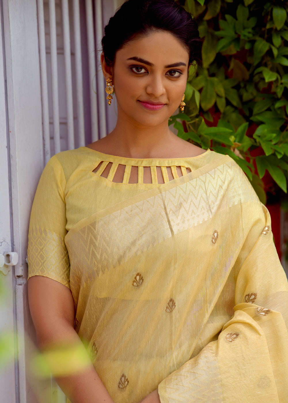MySilkLove Calico Yellow Woven Banarasi Linen Silk Saree