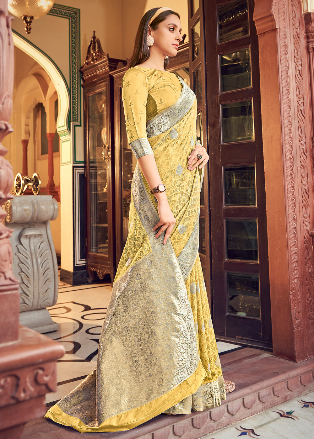MySilkLove Sunset Pearl Yellow Banarasi Woven Satin Silk Saree