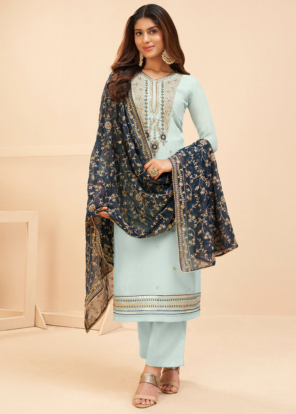 Buy MySilkLove Tranquil Blue Georgette Unstitched Plazzo Suit Online