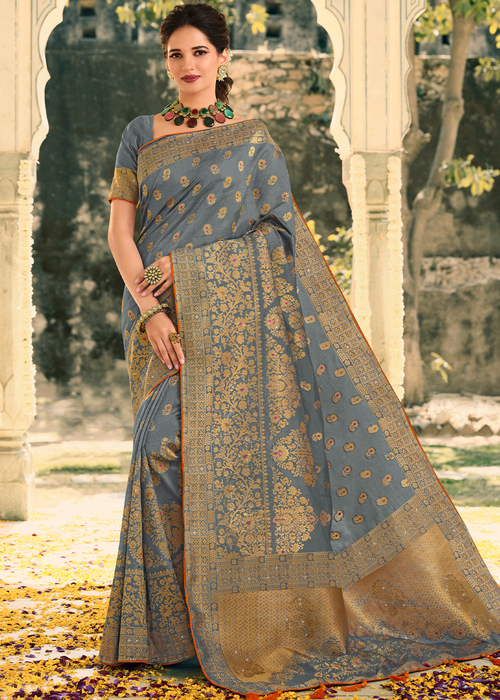 Buy MySilkLove Sirocco Grey Woven Banarasi Silk Saree Online