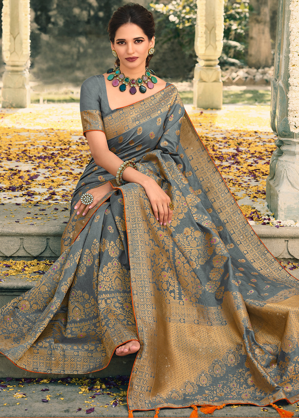 Buy MySilkLove Sirocco Grey Woven Banarasi Silk Saree Online