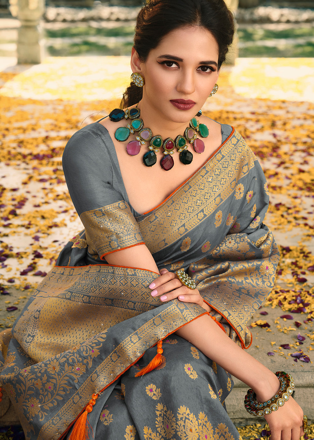 Buy MySilkLove Sirocco Grey Woven Banarasi Silk Saree Online