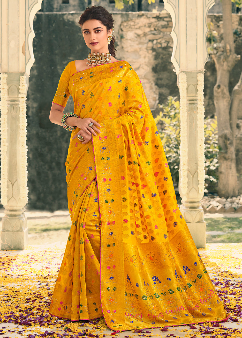 Buy MySilkLove Selective Yellow Woven Banarasi Silk Saree Online