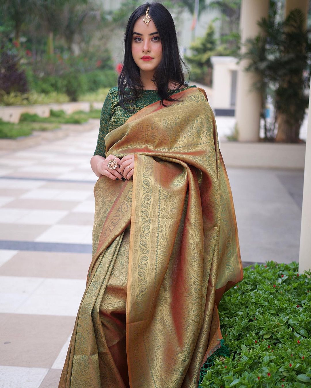 Buy MySilkLove Avocado Green Golden Handloom Woven Kanjivaram Saree Online