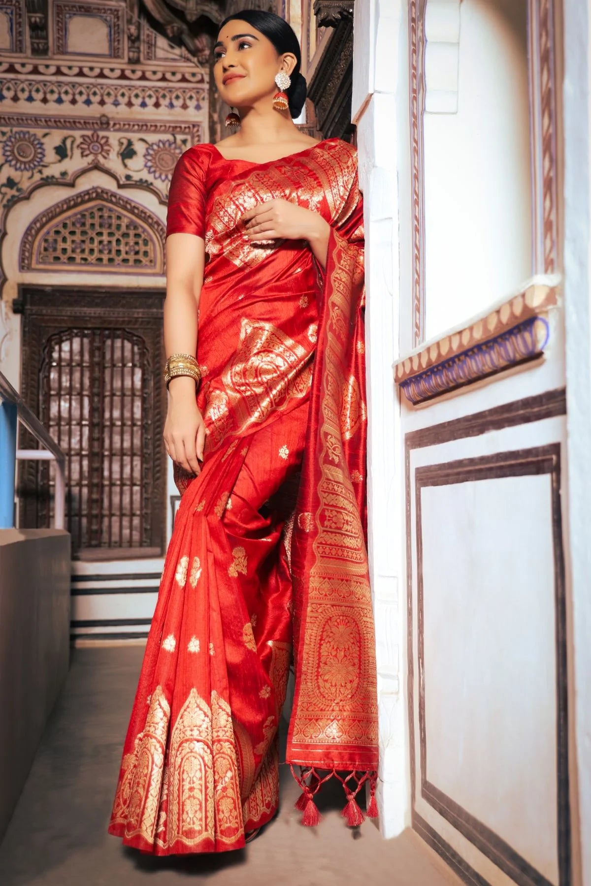 Buy MySilkLove Thunderbird Red Tussar Woven Silk Saree Online