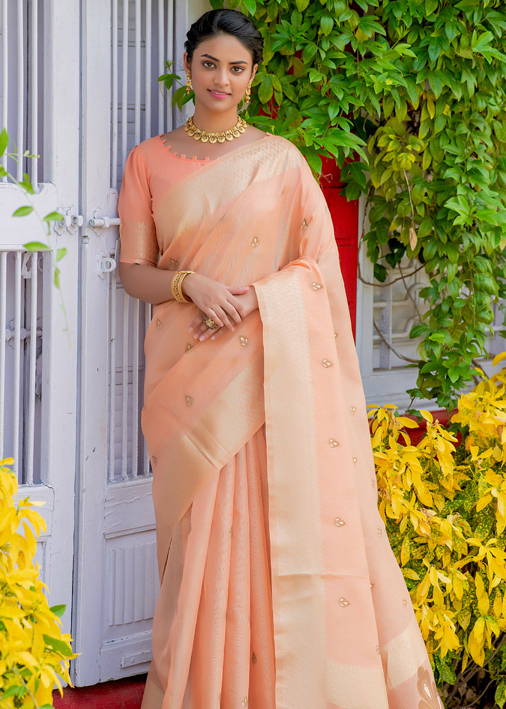 MySilkLove Romantic Peach Woven Banarasi Linen Silk Saree