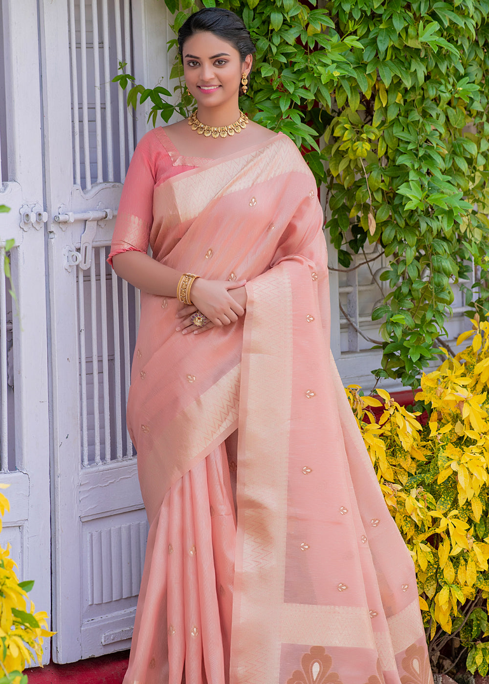 Buy MySilkLove Petite Orchid Pink Woven Banarasi Linen Silk Saree Online